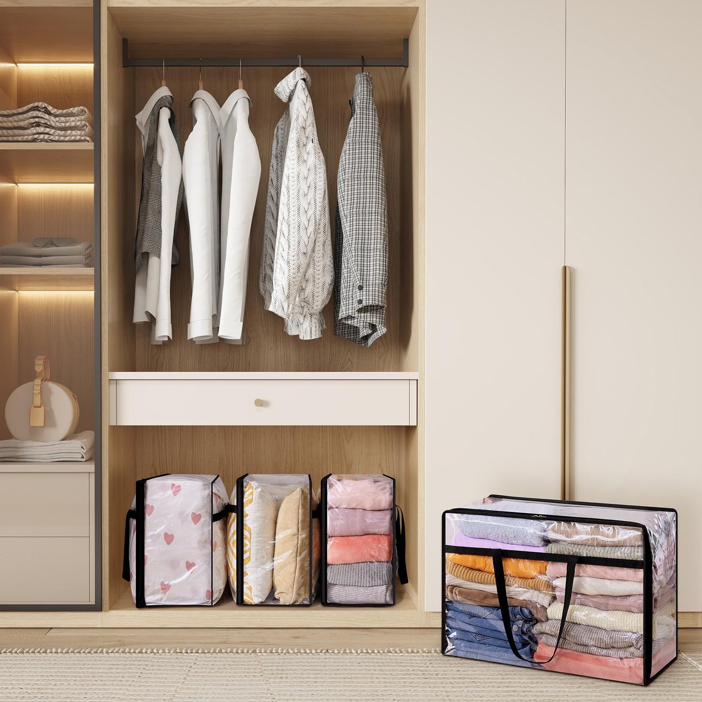 Lifewit 4 Pack Clear Clothes Storage Bags, 60L Plastic Blanket Storage Bags, Vinyl Foldable Moving Bags with Zipper, Closet Organizers and Storage Containers for Bedding, Duvet, Comforter