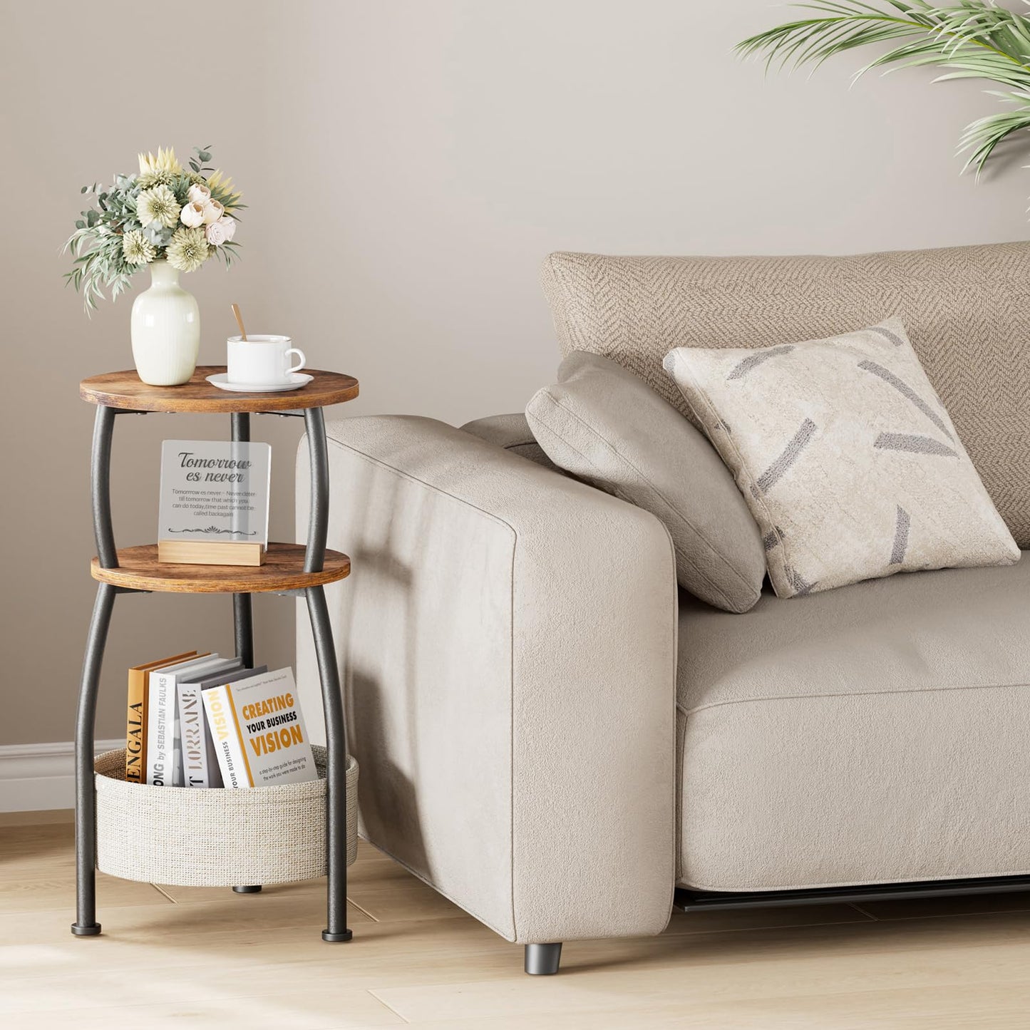 Yuede Side Table Living Room with Storage Basket, Round End Table 3-Tier Accent Nightstand Sofa Corner Table for Small Spaces, Bedroom, Narrow Spaces Coffee Table Rustic Brown