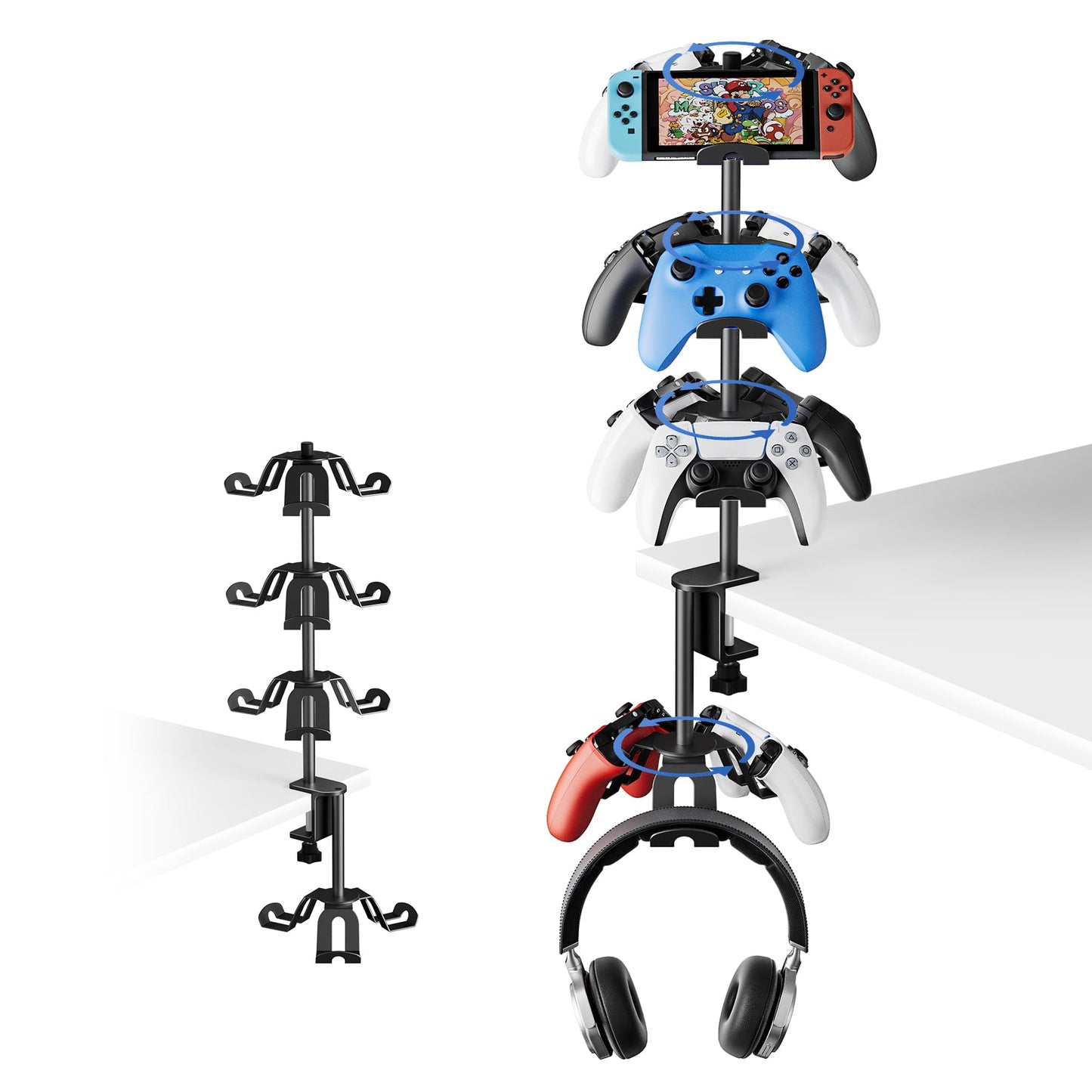 ZHGM Rotatable Aluminum Desk Clamp Controller Holder, 4 Tier Universal Under Desk Controller Headphone Stand Compatible with Xbox PS5 Nintendo Switch PS4, Gaming Headset Holder Hanger (Black)