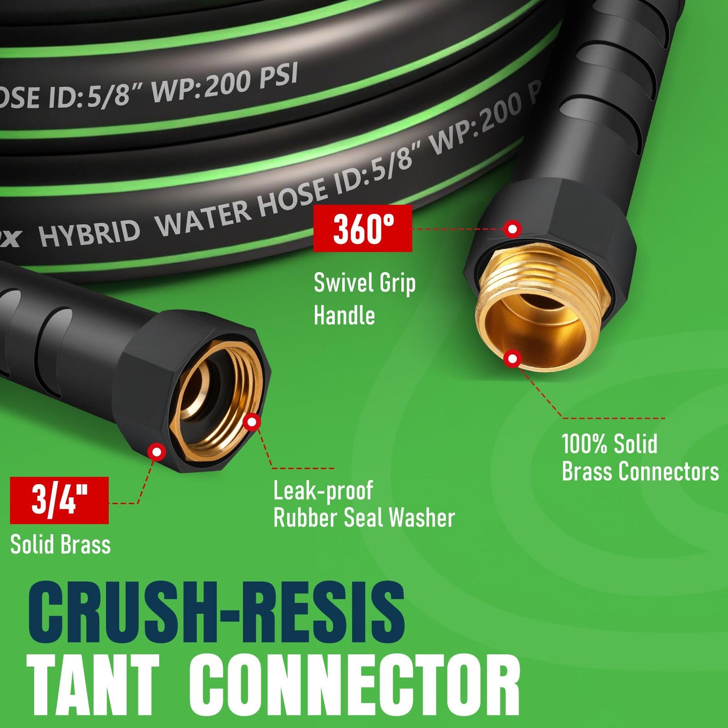 MiraFIex Non-Expanding Garden Hose 25ft, Lightweight Flexible Water Hose with Kink-Resistant, Solid Fittings, 5/8 Inch 600PSI, for Small Yard, RV, Car Wash