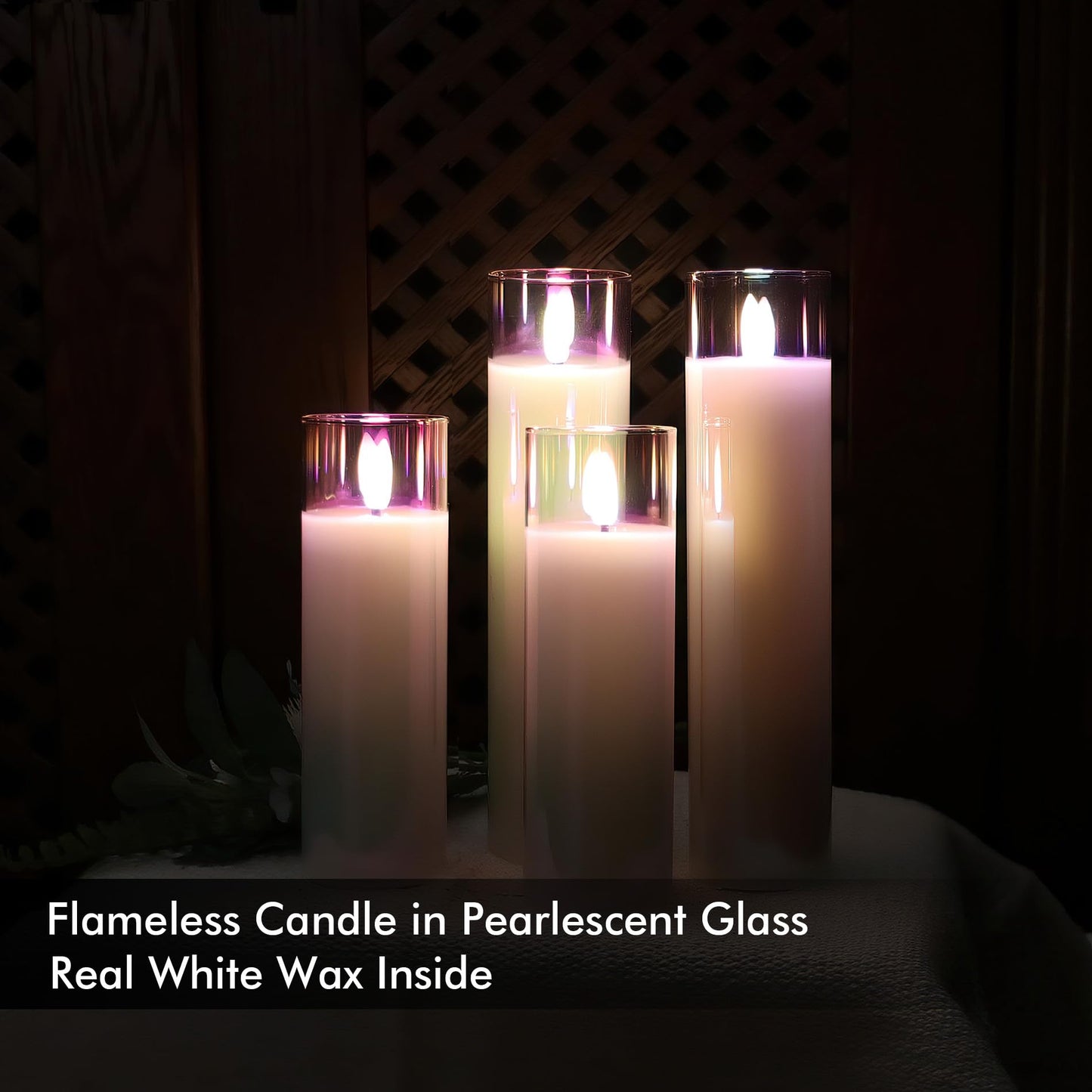 Rhytsing Glass Battery Operated LED Candles, White Slim Flameless Candles with Remote, Warm White Light, 8 Batteries Included - Dia.5 cm - Set of 4 (Pearlescent)