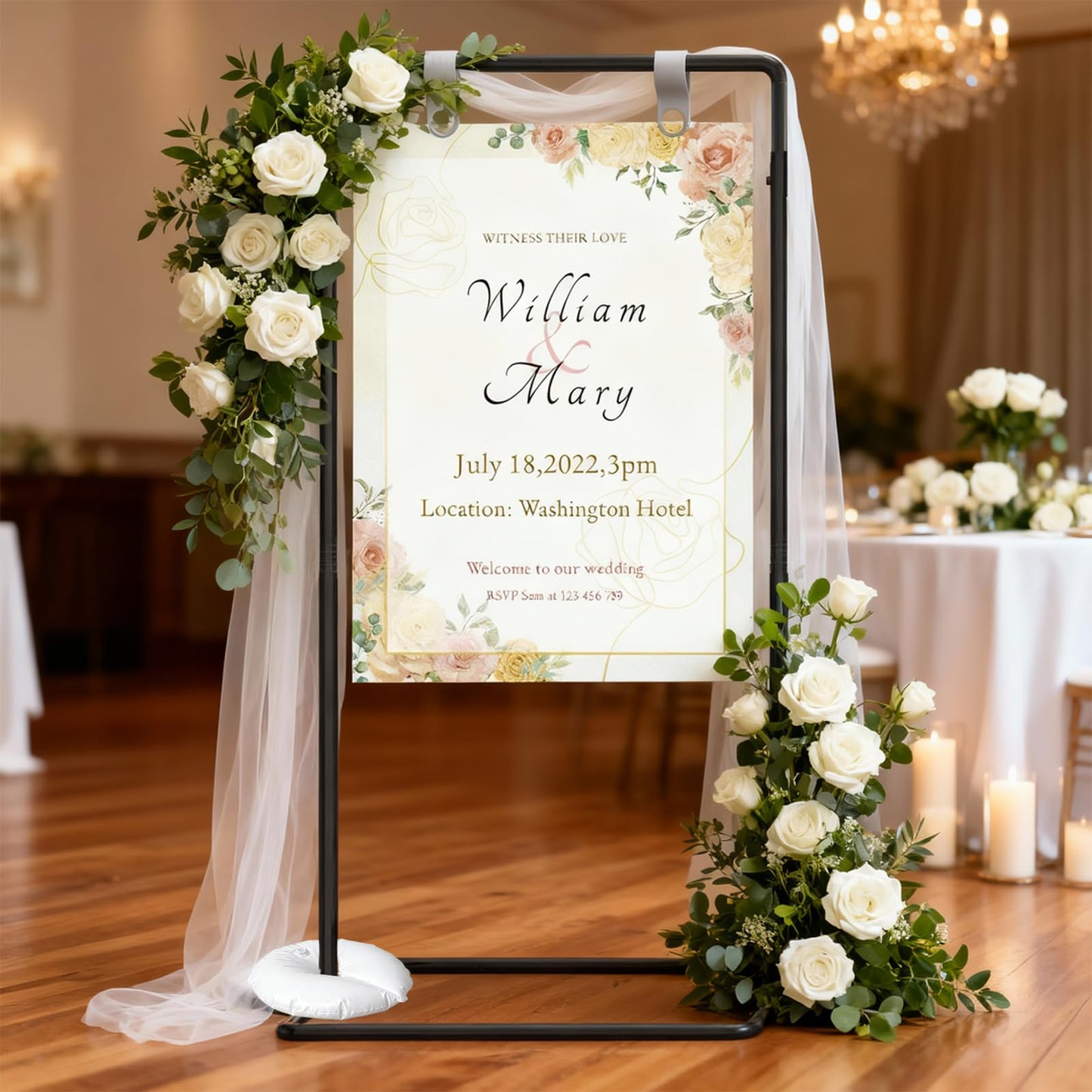 Wedding Welcome Sign Stand, Adjustable Welcome To Our Wedding Sign Stand, 70”x 31”x 20”Welcome Sign Holder with 4 Leather Sign Hanging Straps, Wedding Seating Chart Stand, Easel for Display, Black