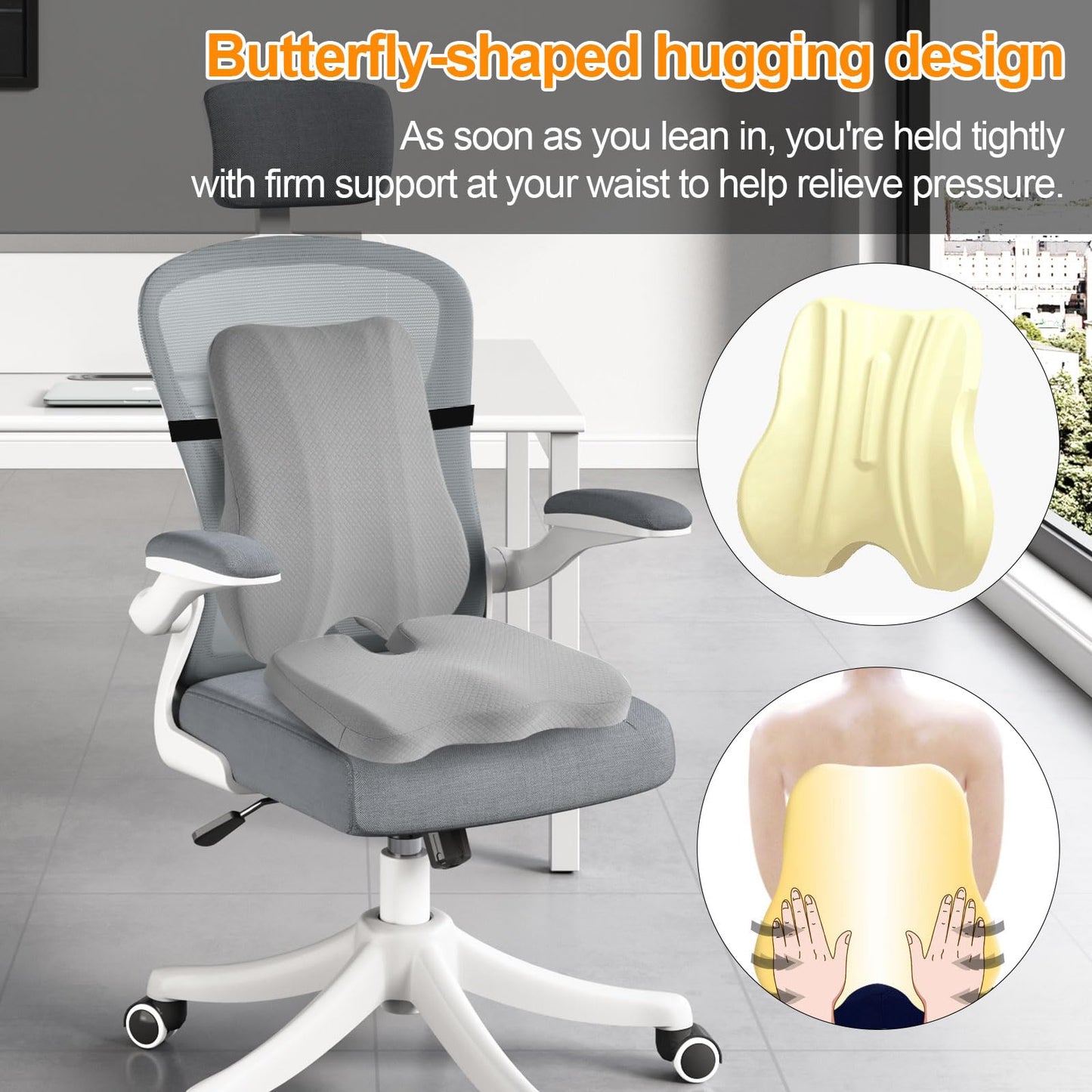 Lumbar Support Pillow Set, Height-Adjustable Upgrade Edition Features an Adjustable Buckle Design with an External Extension Strap for Easy Attachment to Car Seats and Large Chairs（Gray）