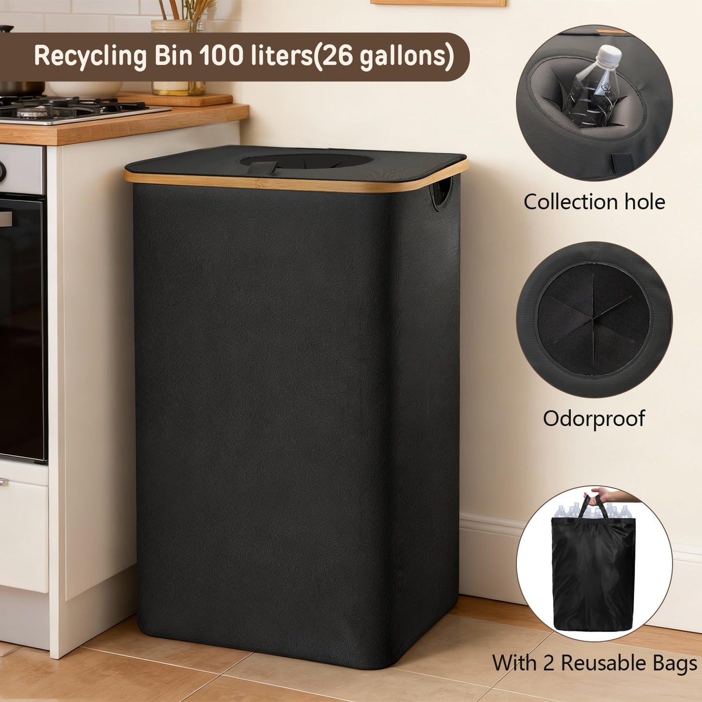 Recycling Bin for Kitchen Large 27 Gallon 103L Bin with 2 Removable Reusable Inner Bag,Large Indoor Home Recycling Bin for Bottle Can Glass Waste Plastics