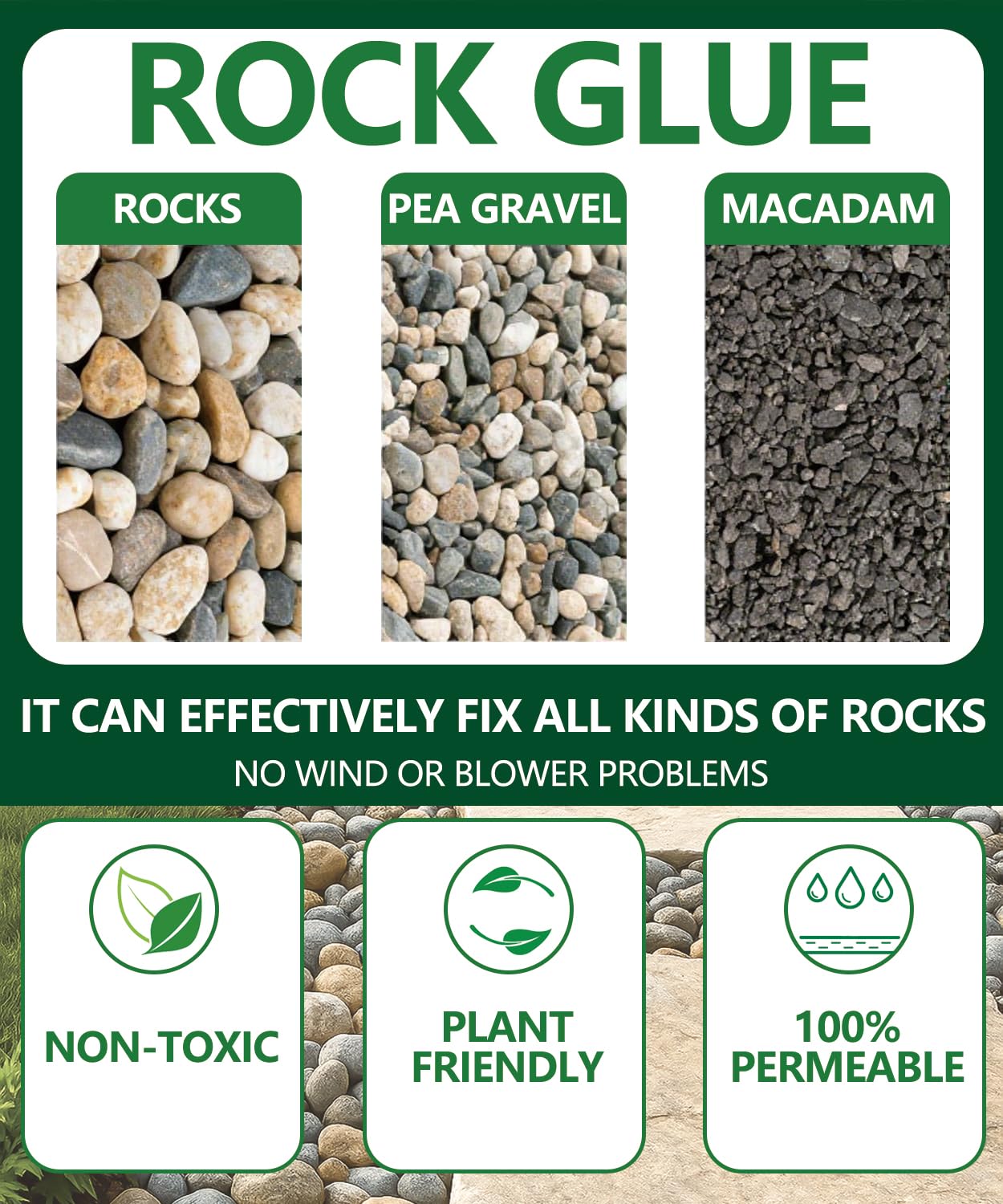 GooBoom 66.7 OZ Rock and Mulch Glue for Landscaping – Clear Drying Landscape Adhesive Spray for Gravel, Pea Gravel & Bark – Weather-Resistant Outdoor Glue for Weed Control & Decorative Appeal