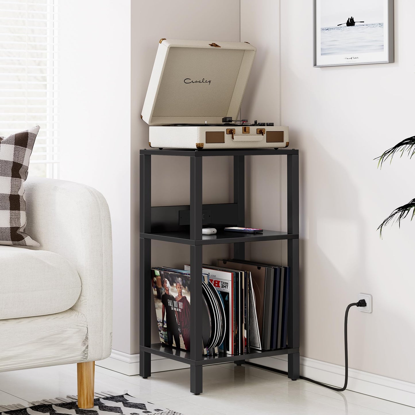 TUTOTAK Record Player Stand with Storage Up to 100 Albums，Record Storage Table,3 Tier End Table with Charging Station,Side Table for Living Room, Bedroom, Black TB01BK076