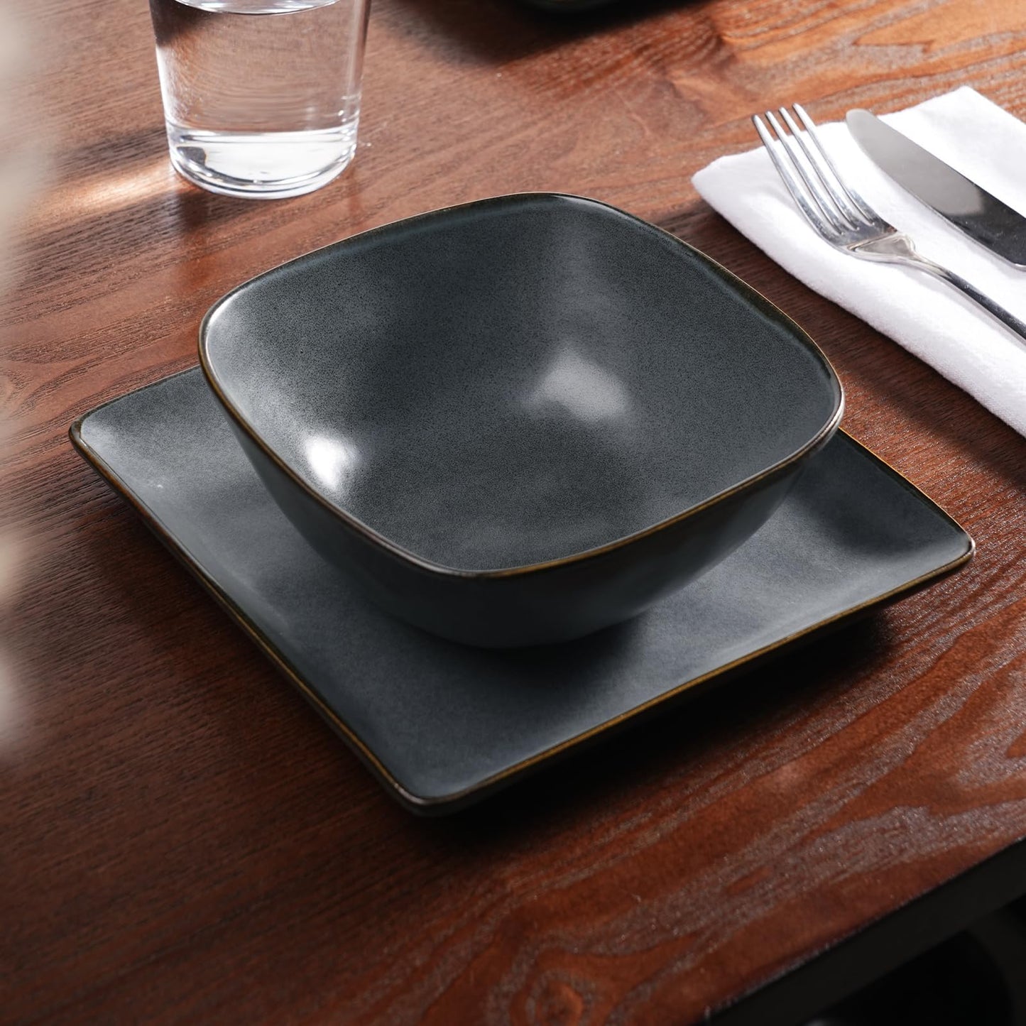 Richmount Dinnerware Sets for 4, Ocean Square 12-Piece Kitchen Plates and Bowls Sets, Microwave and Dishwasher Safe, Scratch Resistant, Matte Black