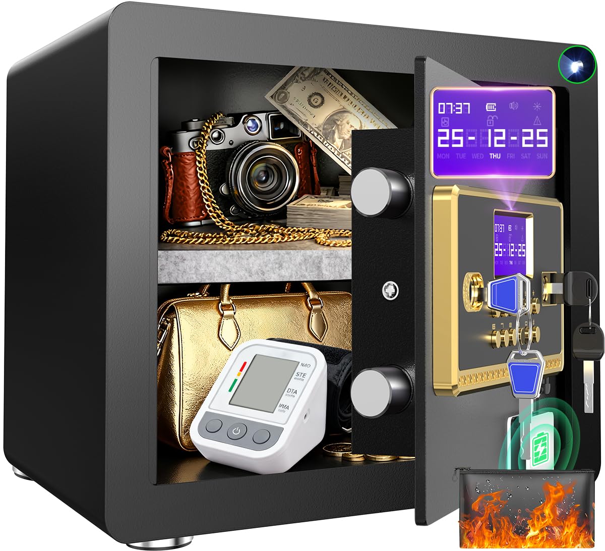 1.2 Cub Safe Box with Digital Keypad & Alarm System - Electronic Lock Box for Jewelry Cash with Adjustable Shelves - Includes LED Light & Fireproof and Waterproof Bag