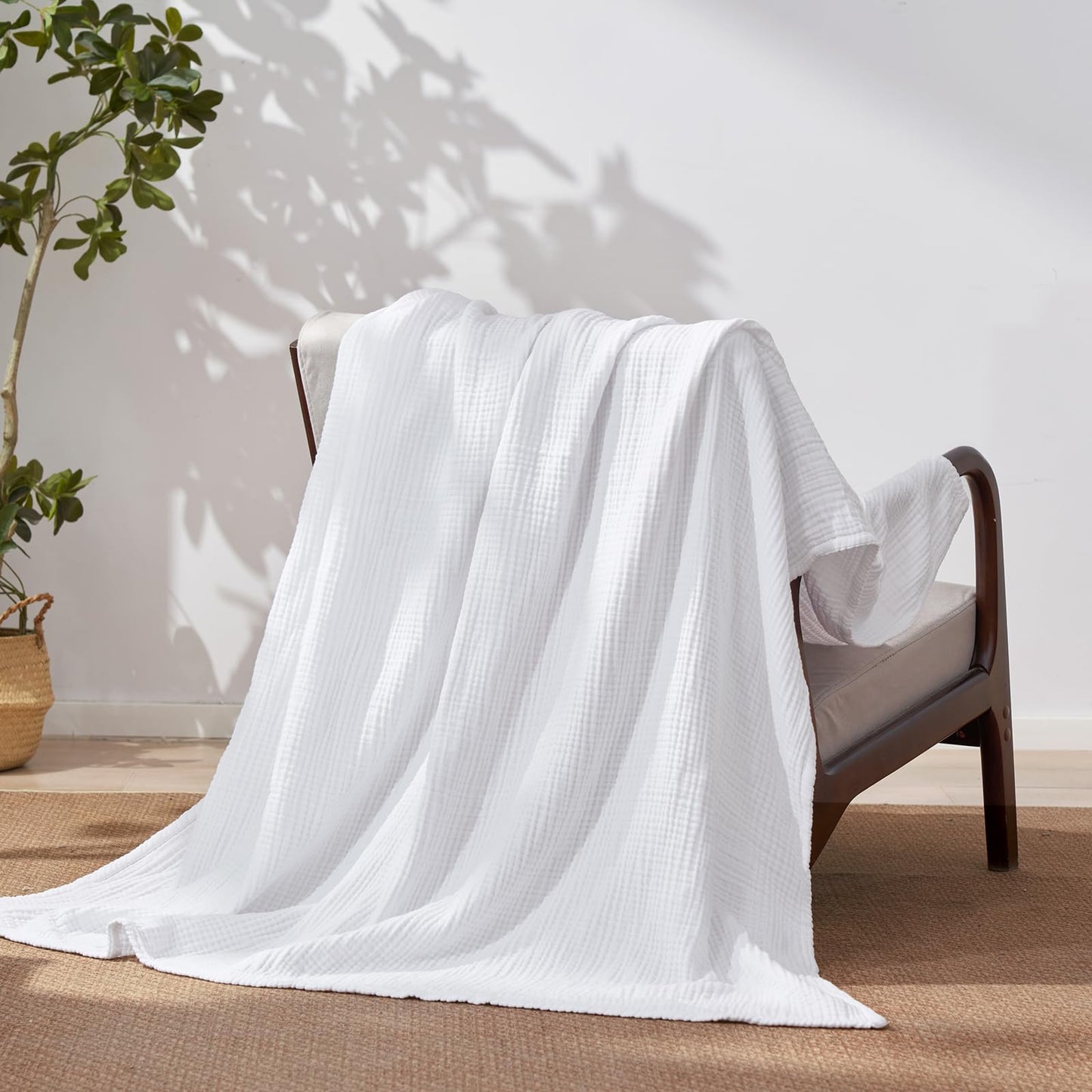 David's Home 100% Cotton Muslin Queen Size Blanket, 4-Layer Breathable and Lightweight Gauze Blanket for Bed Couch, Soft Muslin Blanket for Adults Hot Sleepers, Room Decor, White, 90 * 90"