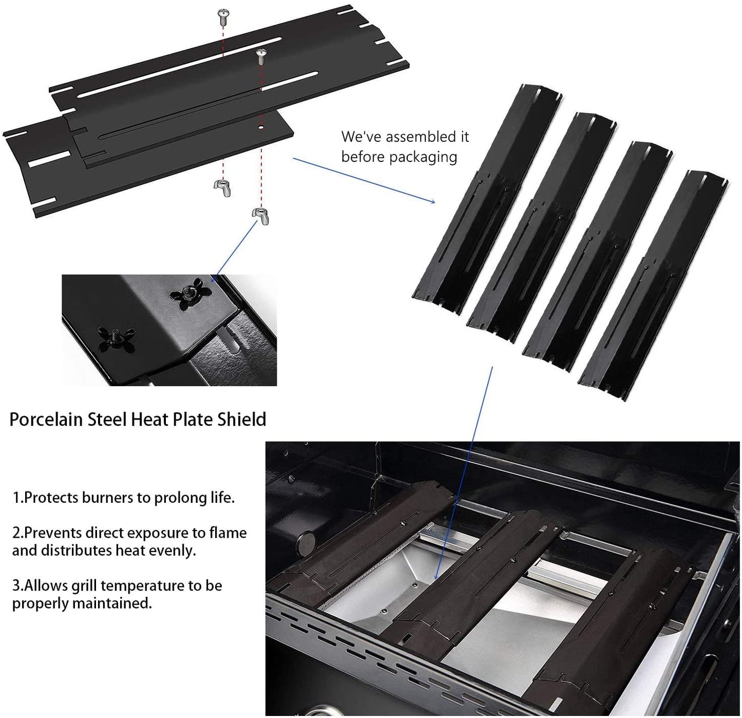 Universal Adjustable Heat Shield Plate Porcelain Steel Burner Cover,Extend from 11.75" up to 21" Flame Tamer,Heat Tent for Charbroil, Nexgrill, Brinkmann and Other Gas Grill，4 Pcs
