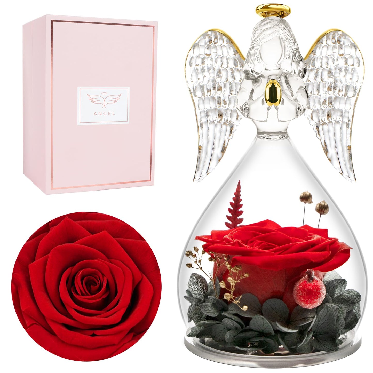 Miofula Preserved Flowers Rose Birthday Gifts for Women, Angel Figurines with Forever Real Rose Gifts for Mom Her Grandma,Unique Angels Gifts for Mothers Day Christmas Valentines Day Anniversary (Red)