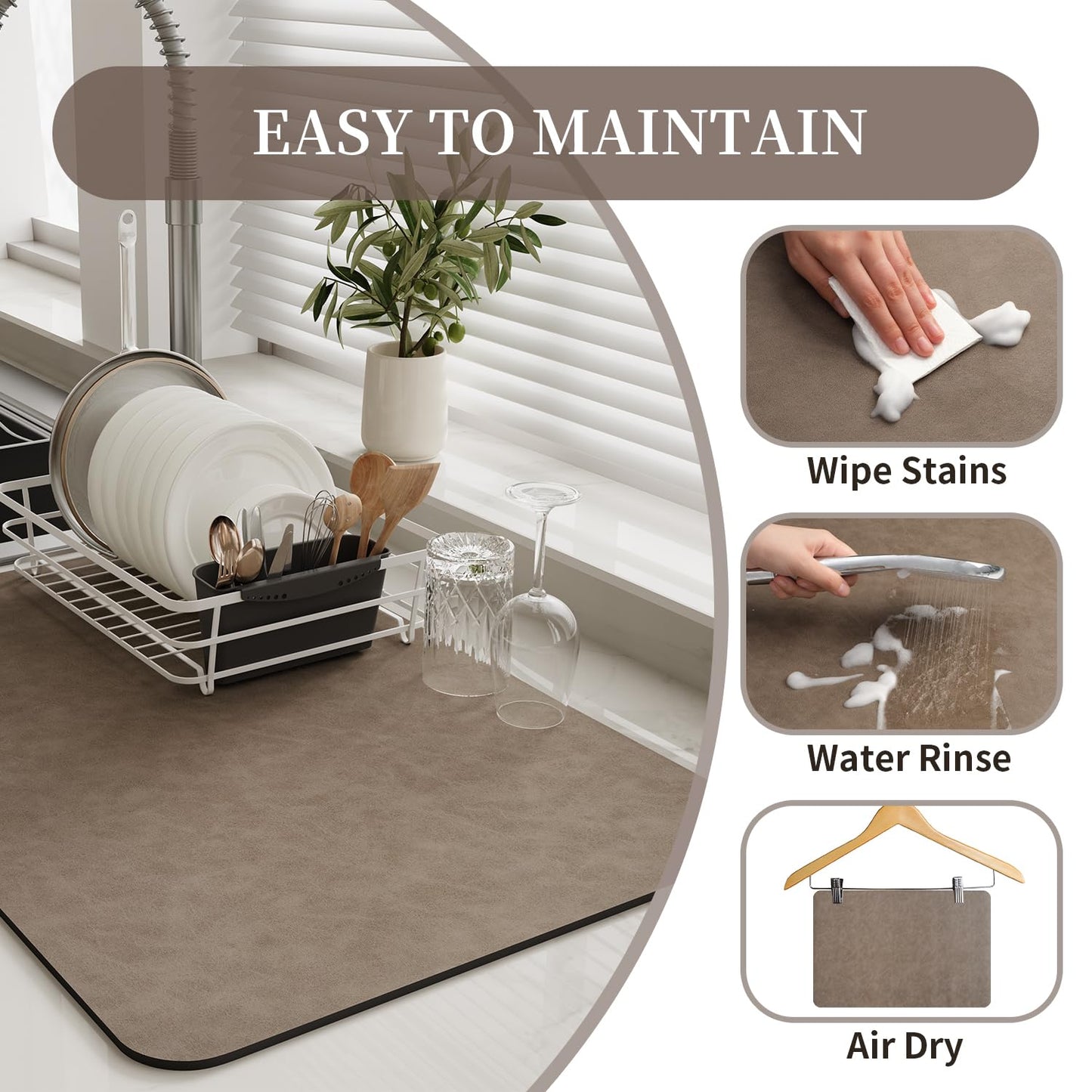 MontVoo-Absorbent Dish Drying Mat-Kitchen Counter Rubber Backed Water Absorbing Drying Mat-Hide Stain Under Dish Mat Quick Dry Coffee Mat-Brown 17''x31''
