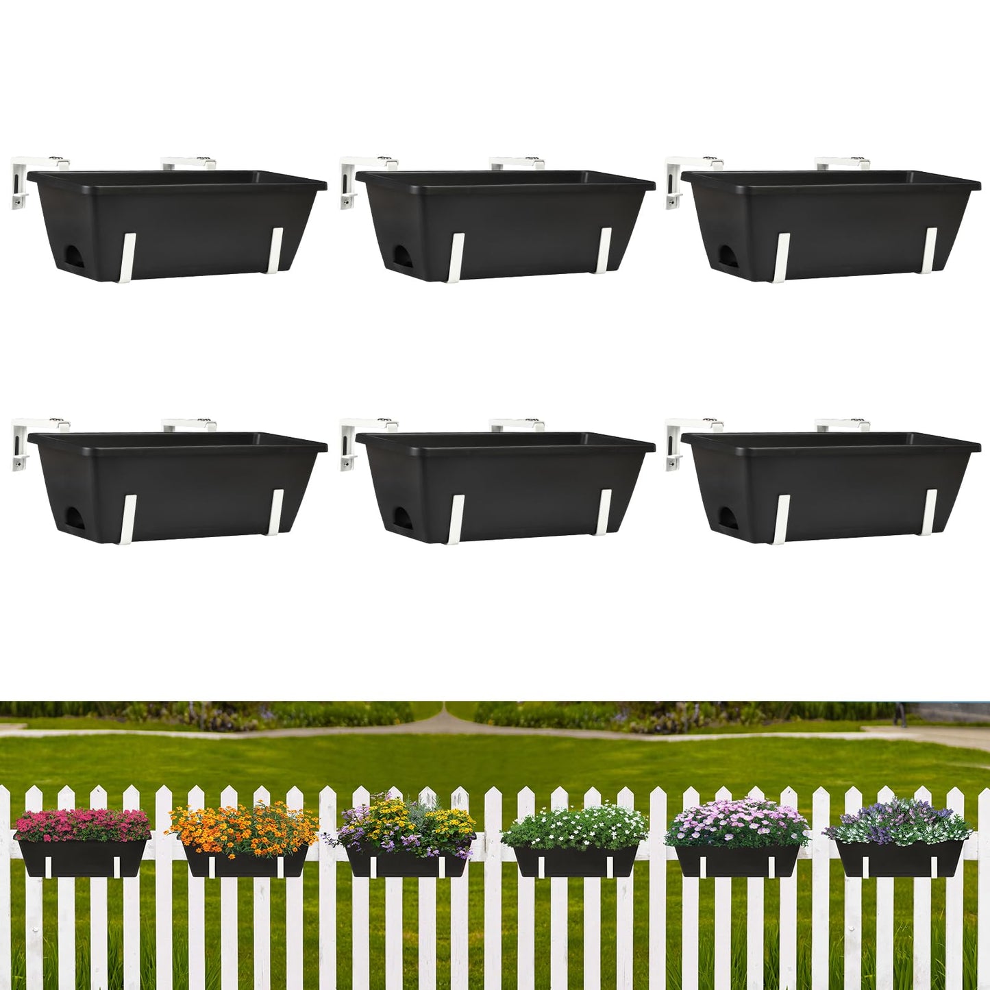 Railing Planter 6 Pack, 16.9 Inch Window Basket Deck Boxes Plastic Flower Rail Planters Holder with Adjustable Detachable Hooks for Outdoor Balcony Porch Patio, Black & White