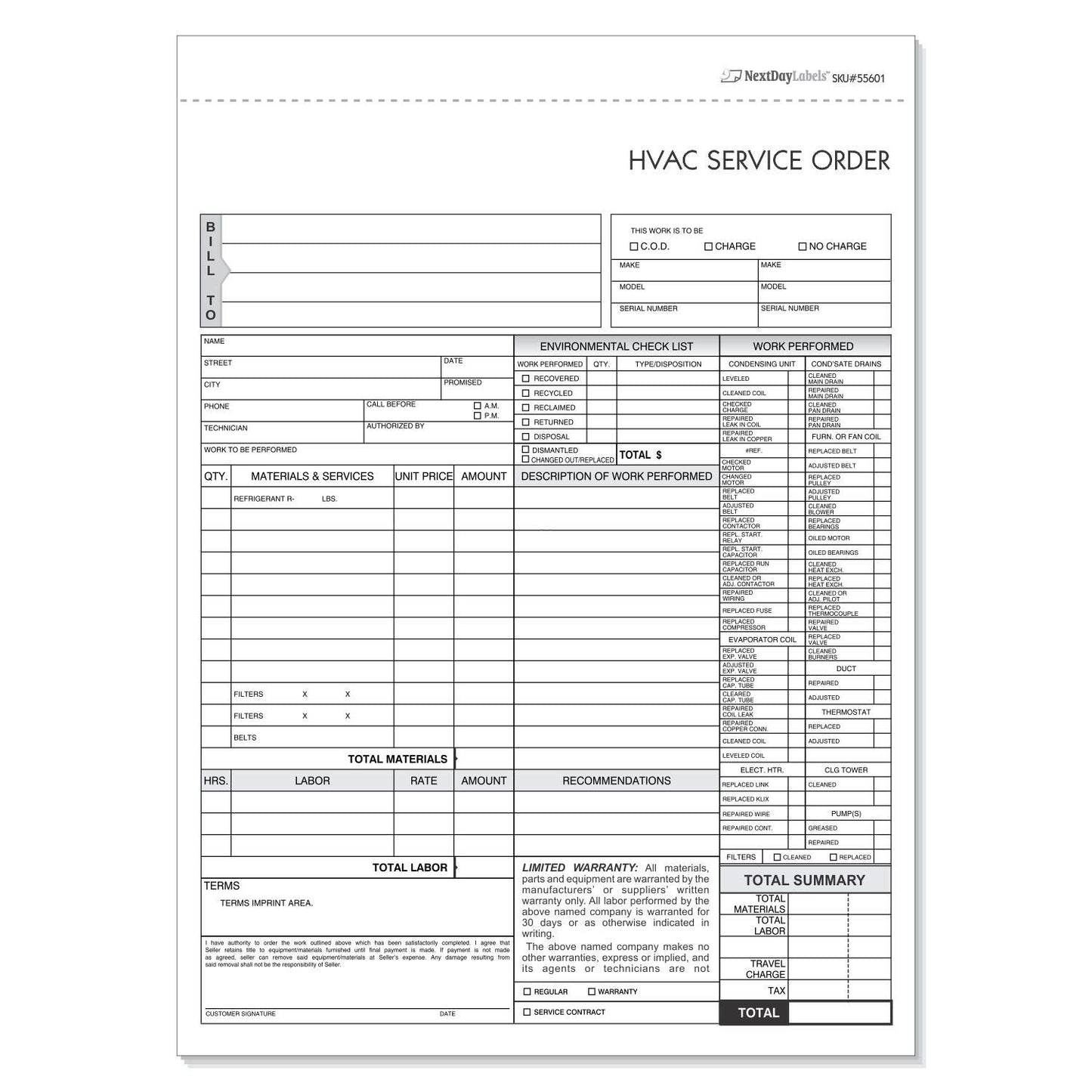 HVAC Service Order Invoice & Repair Detail Form, 3 Part Forms Carbonless (No Company Name Printed) 100 Sets