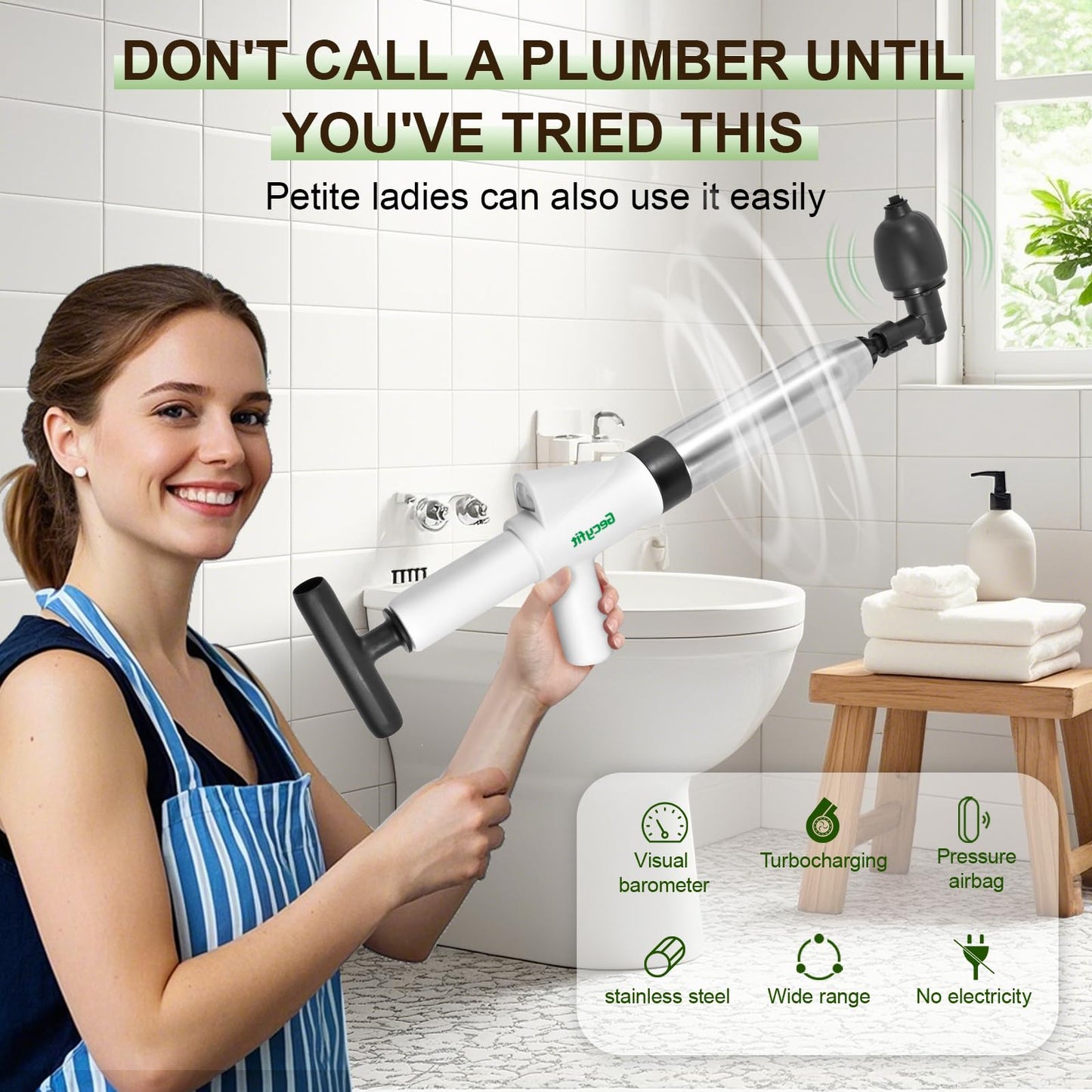 Gecyfit Toilet Plunger, High Pressure Drain Unclogging Tool, Plungers for Bathroom, Floor, Shower, Sink Heavy Duty, Multi-Purpose Air Pump Plunger for Toilet, Toilet Snakes for Hair Clog Remover