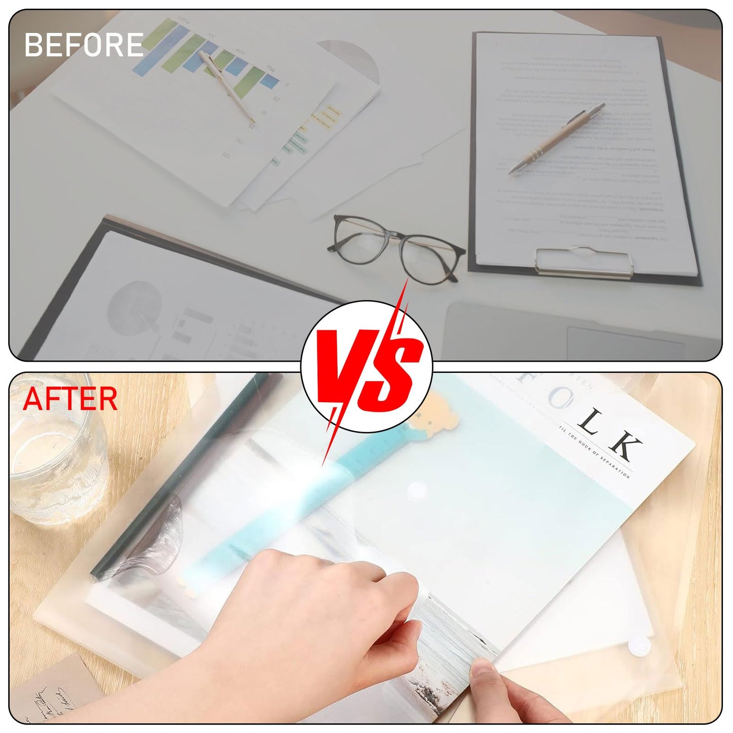 100 Pcs Transparent File Folders, Clear Plastic File Envelopes Poly Folders Letter Size / A4 Size, Waterproof Document Folder with Snap Button for School Home Work Office Organization