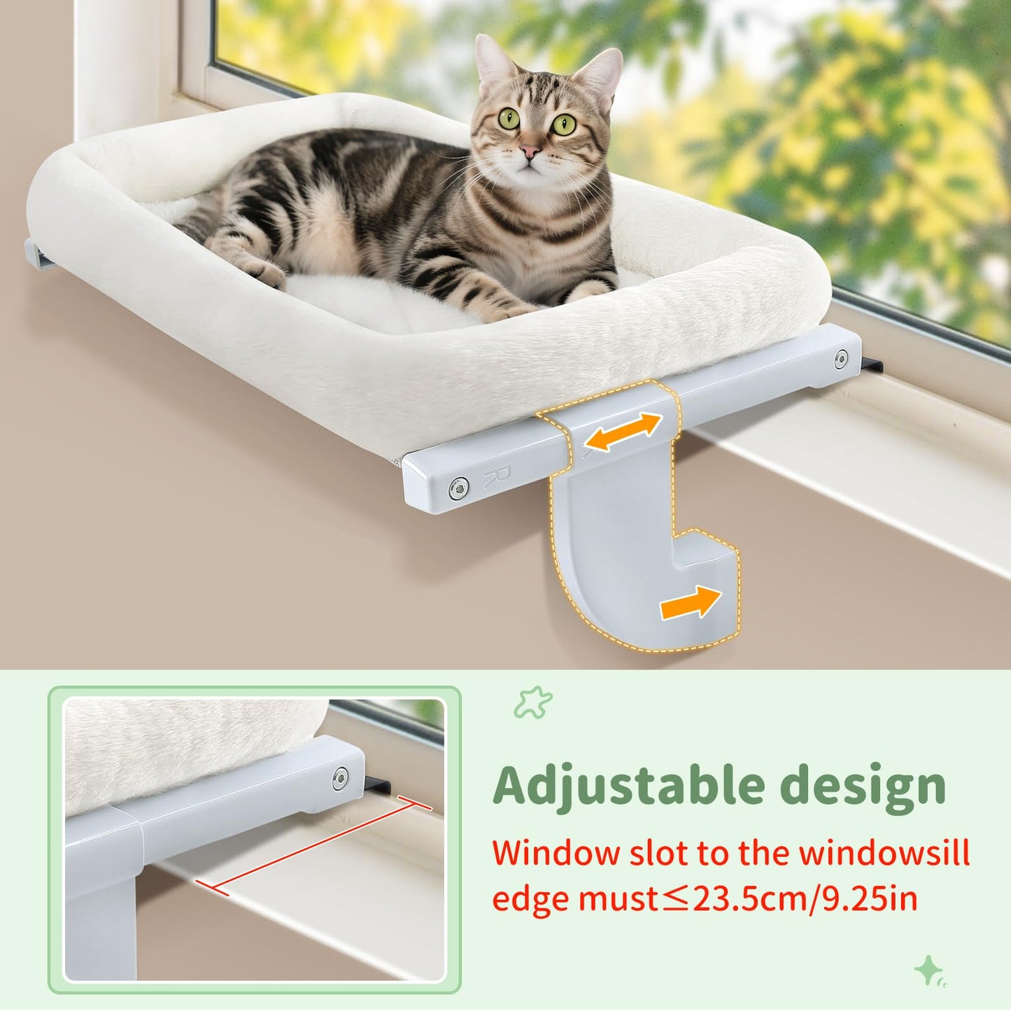 Sunhoo Cat Window Perch Hammock Cat Window Sill Bed No Drilling for Indoor Large Cats Adjustable Cordless Kitty Windowsill Ledge Seat Shelf Hamac Pour Chat Fenêtre Hold up to 18kg (White, L)