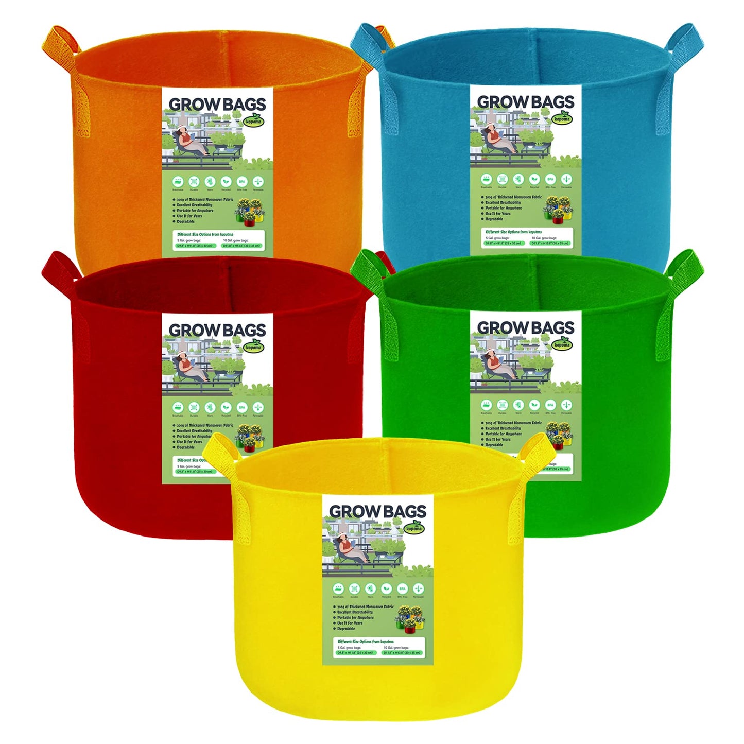 Kopotma 15 Gallon Fabric Grow Bags - Colorful 15Gal Planters for Vegetables, Flowers, Tomatoes - Garden Fabric Pots, 5-Pack