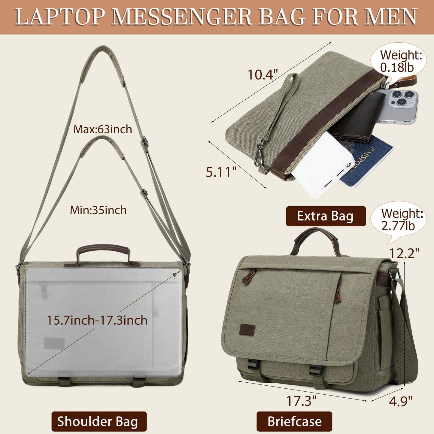17.3 Inch Messenger Bag for Men: 2PCS Laptop Work PU Leather Canvas Briefcase Carry On Large Computer for Office College Travel (Green)