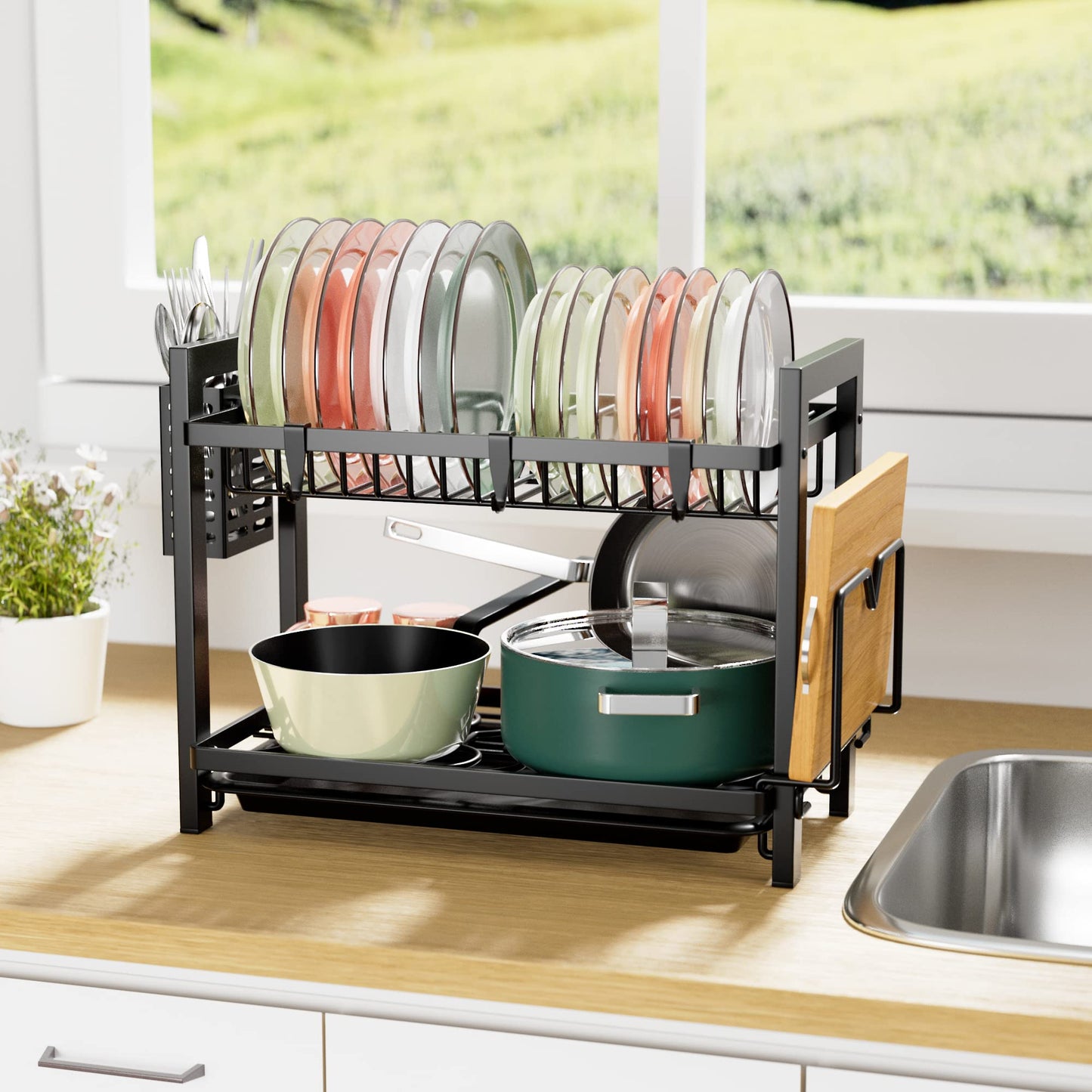 niffgaff 2 Tier Dish Drying Rack, Kitchen Dish Rack with Utensil Holder, Cutting Board Holder & Drain Tray for Kitchen Counter, Small Apartment Organization, Black