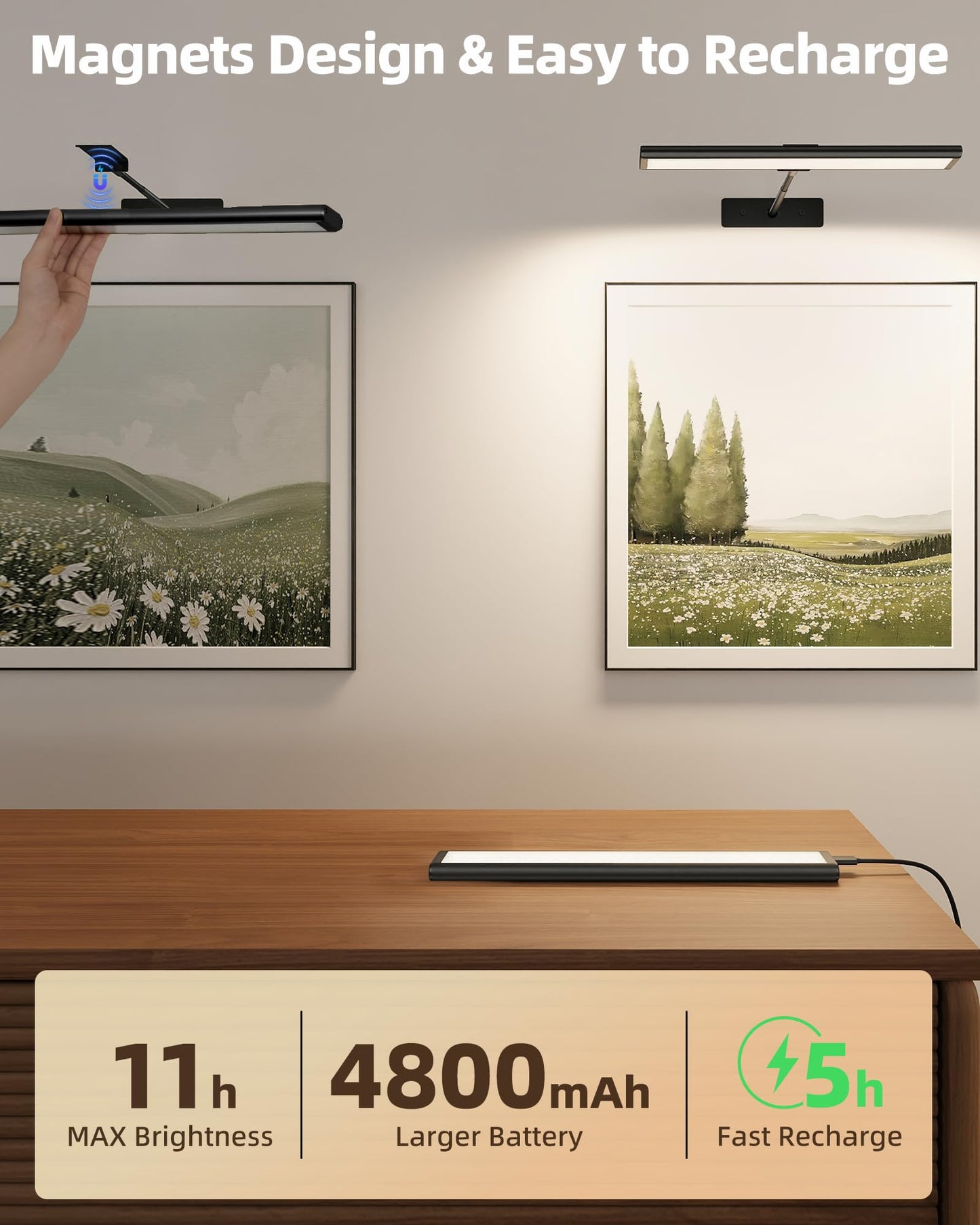 EZVALO 16'' Picture Light for Wall, 4800mAh Rechargeable Wireless IR Remote Control Battery Lights for Painting, Dimmable Magnetic LED Art Display Light, Colors Temperatures, for Gallery, Living Room