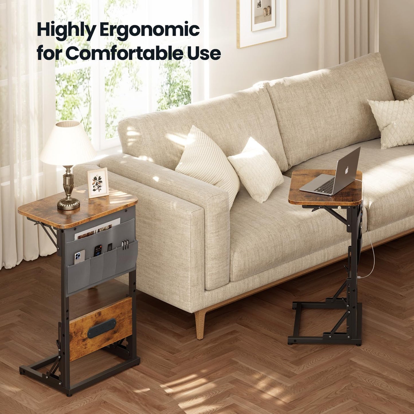 HLDIRECT C Shaped End Table with Charging Station Side Table Living Room with Storage Bag for Couch, C Shaped Side Table with Foldable Function Couch Table for Living Room Bedroom, Brown