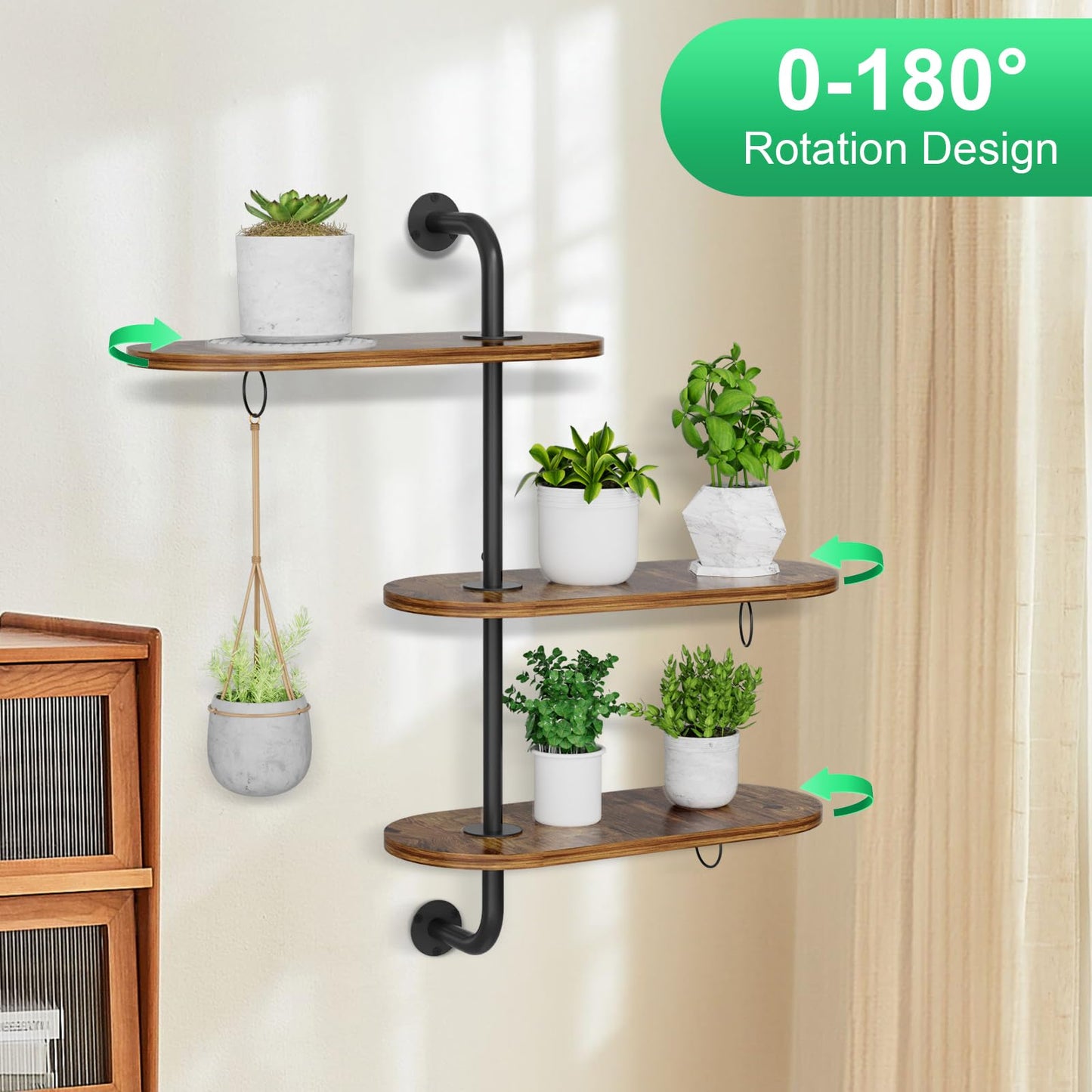 VyGrow Rotating Window Plant Shelves with 3 Anti-slip Mats, 3 Tier Plant Stand Indoor Outdoor, Wooden Window Plant Shelf with 3 Circle Hooks, Hanging Plant Holder for Window, Potted Plants, Flowerpots (Antique Color)