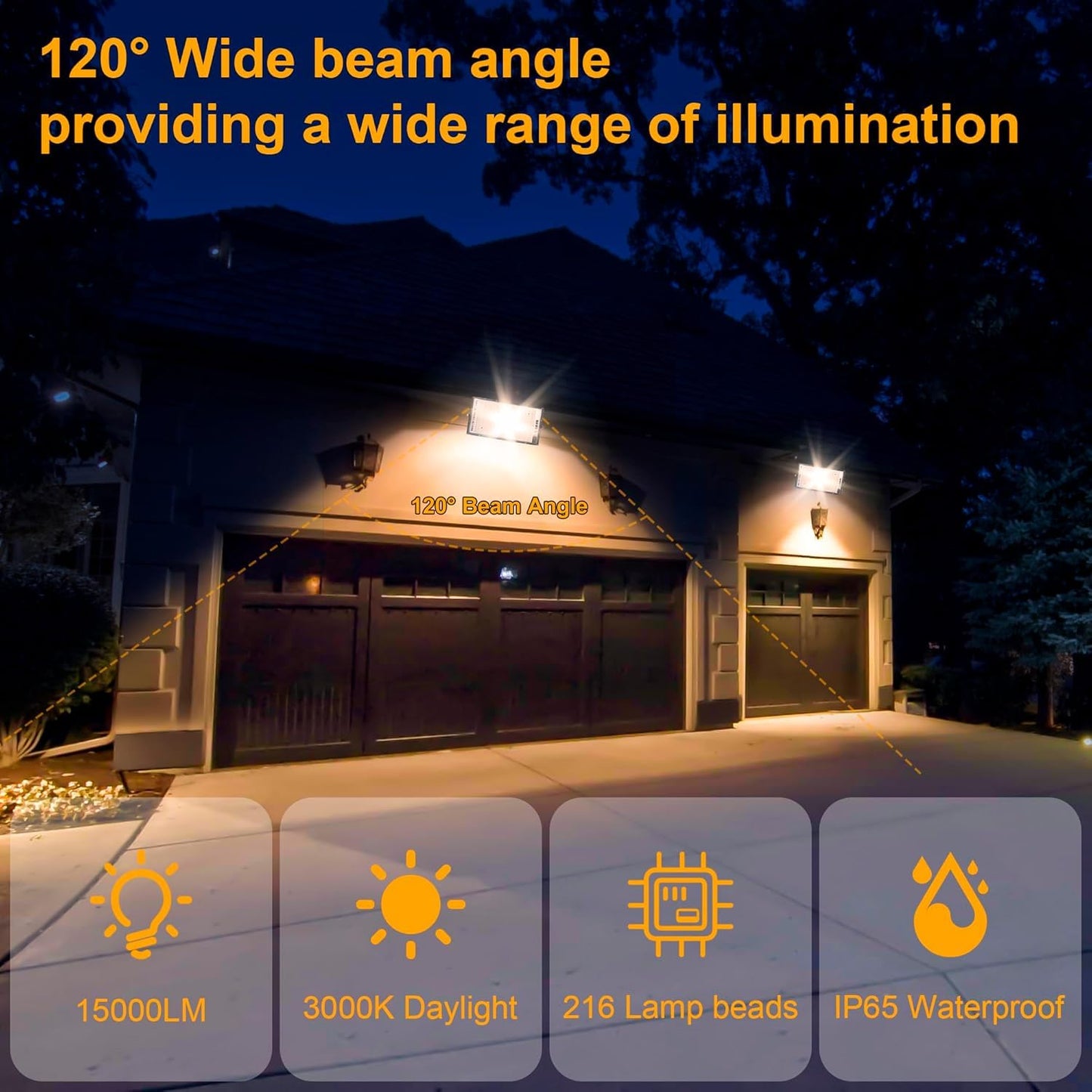 LED Flood Lights Outdoor, 150W 15000lm Waterproof Outdoor Floodlights, Plug in Flood Light, 3000K Warm White Exterior Flood Light, LED Work Light for Yard, Garden, Lawn, Backyard