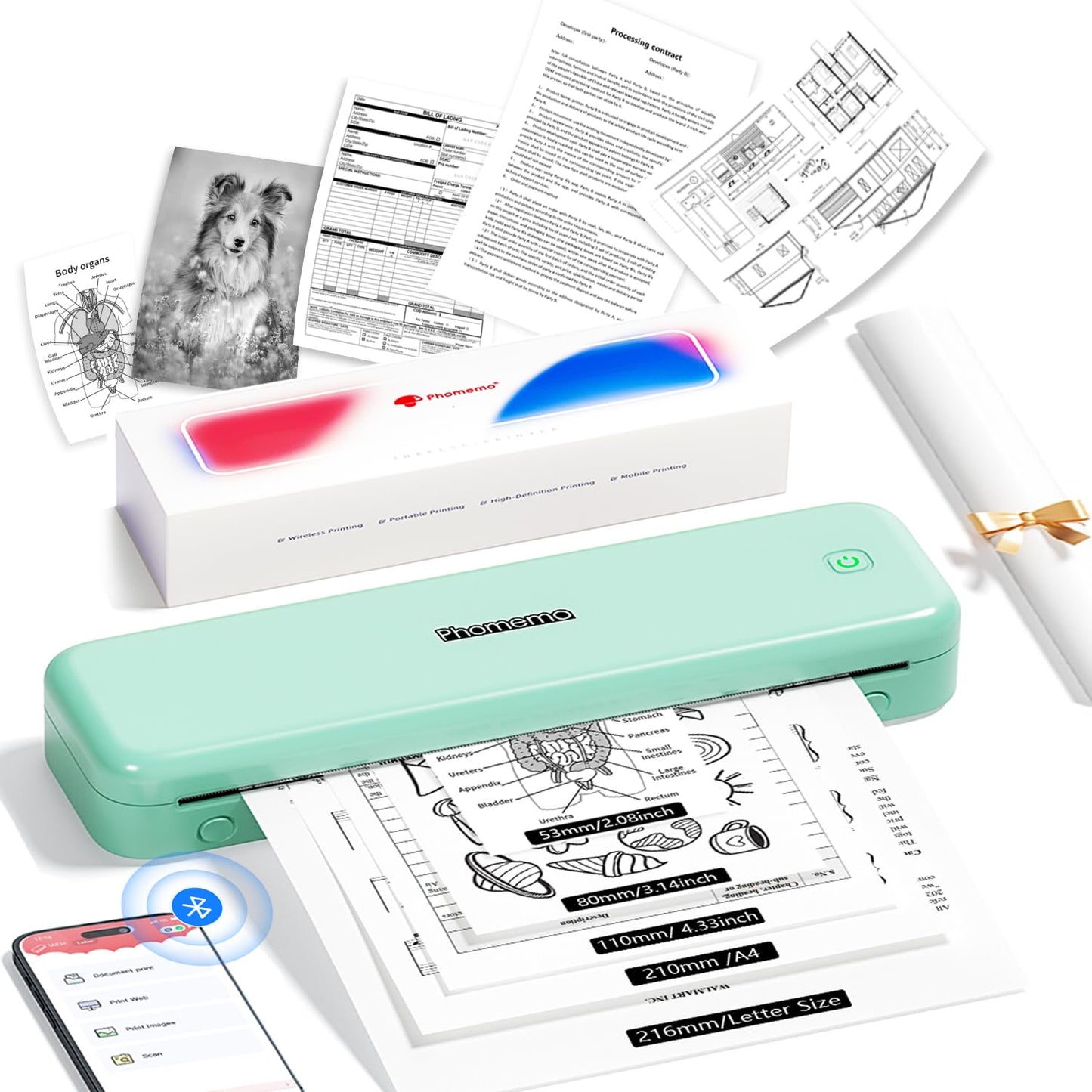 Phomemo M834 Portable Printer Wireless for Travel, Support Multi-Size Thermal Paper,Bluetooth Thermal Printer Compatible with Phone&Laptops,Inkless Printer for Home Use,Office,Green