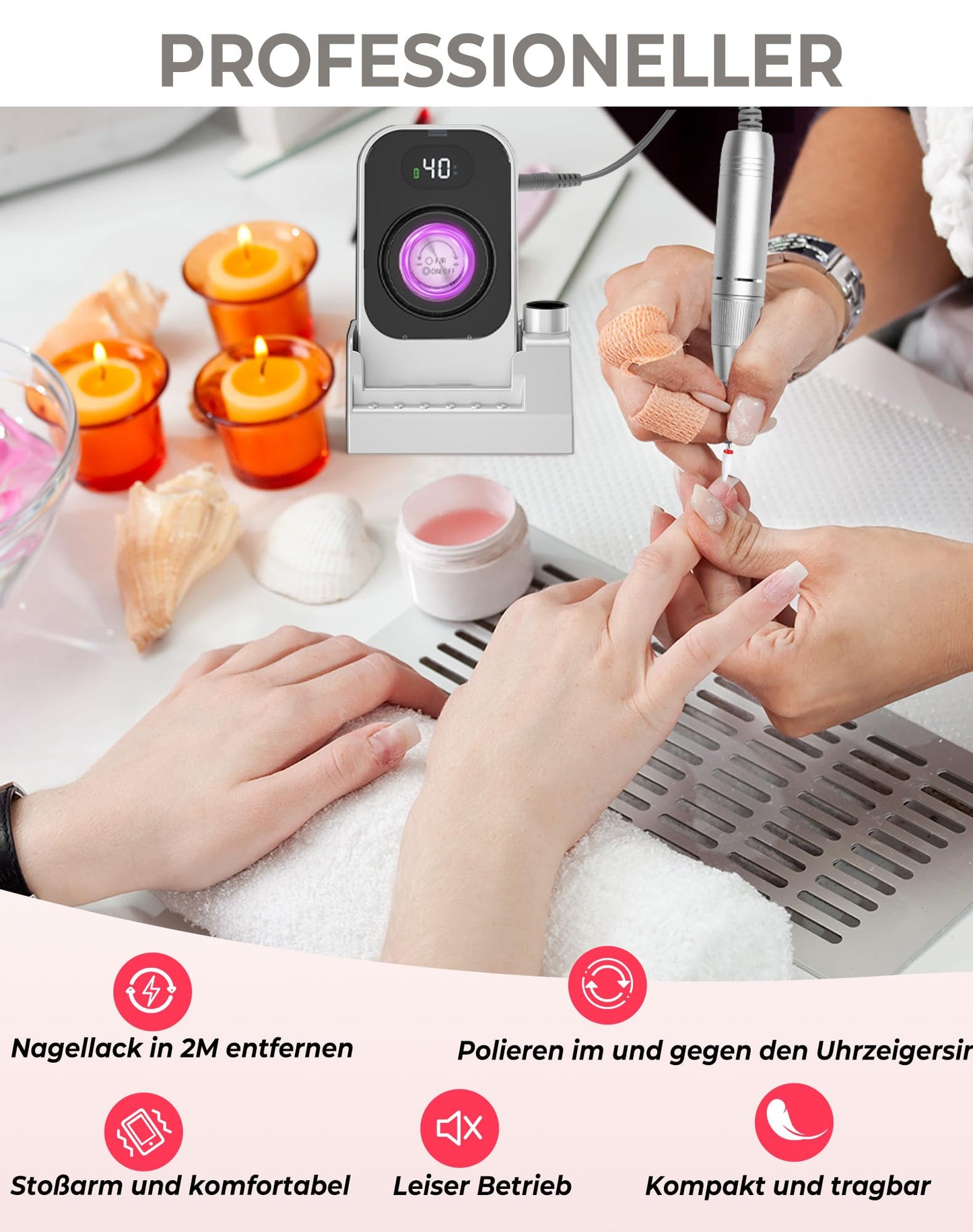 Efile Nail Drill, Professional Nail Drill 40000 RPM Electric Nail File Professional Chargeable Machine Chargeable for Gel Nails Kit with 7 Nail File Bits, Portable File At Home And Salon (Grey)