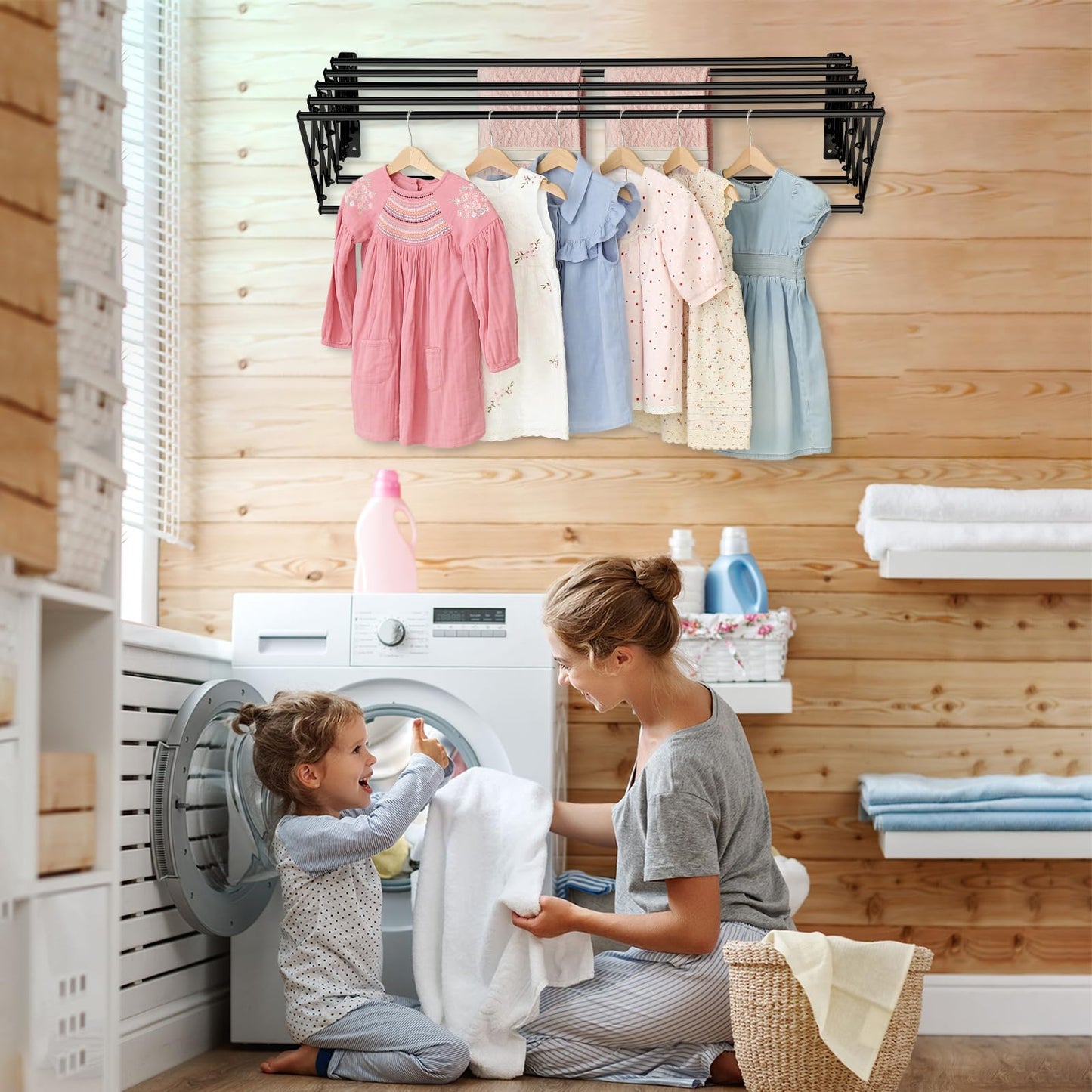 XL-31.5'' Wall Mounted Clothes Drying Rack, 130 lbs Large Capacity Rustproof Retractable Collapsible Drying Rack Easy Install with 7 Drying Rods, Space Saving Towel Drying Rack for Laundry-Black