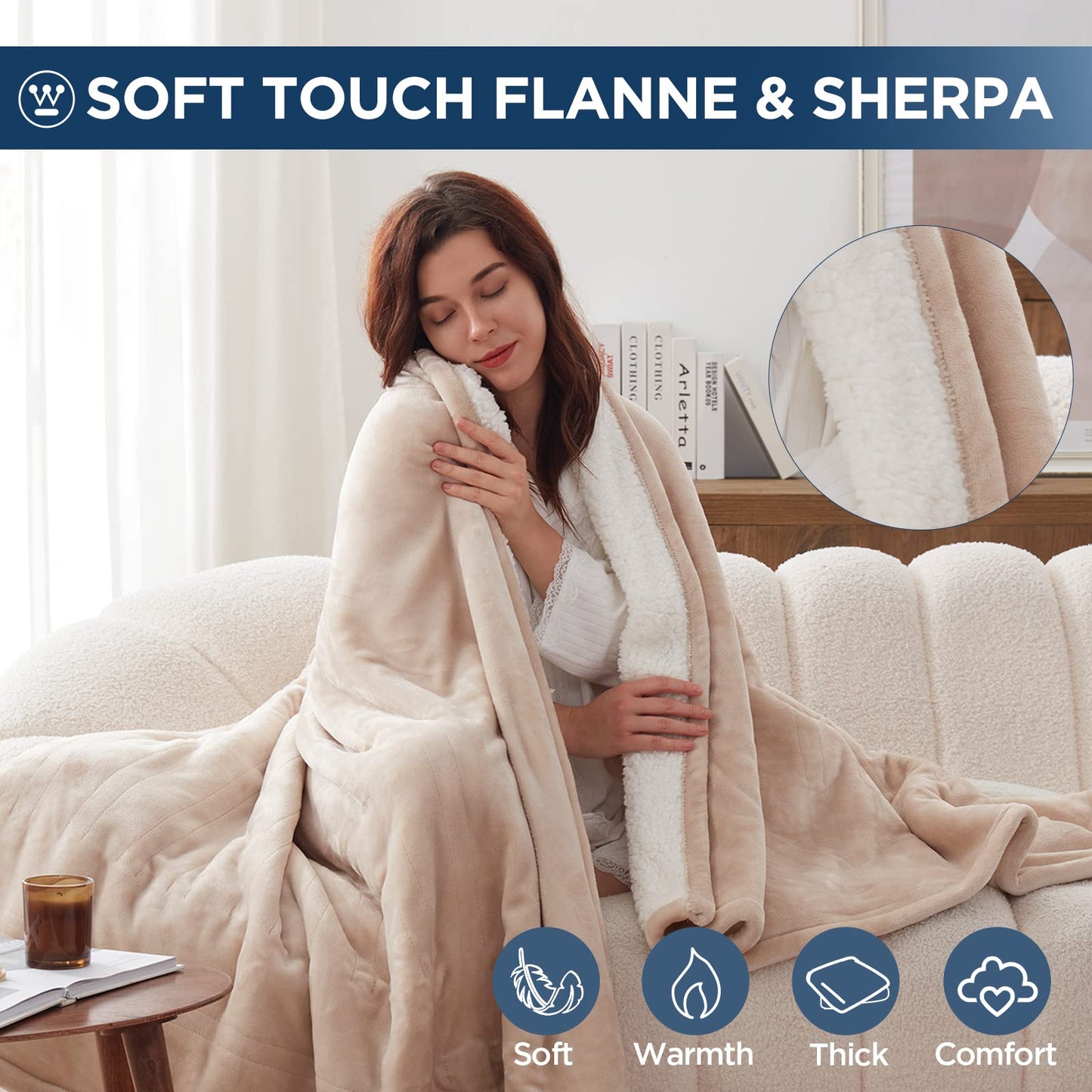 Westinghouse Electric Blanket Throw Heated Blanket with 6 Heating Levels and 2-10 Hours Time Settings, Flannel to Sherpa Super Cozy Heated Blanket Machine Washable, 50x60 inch, Beige