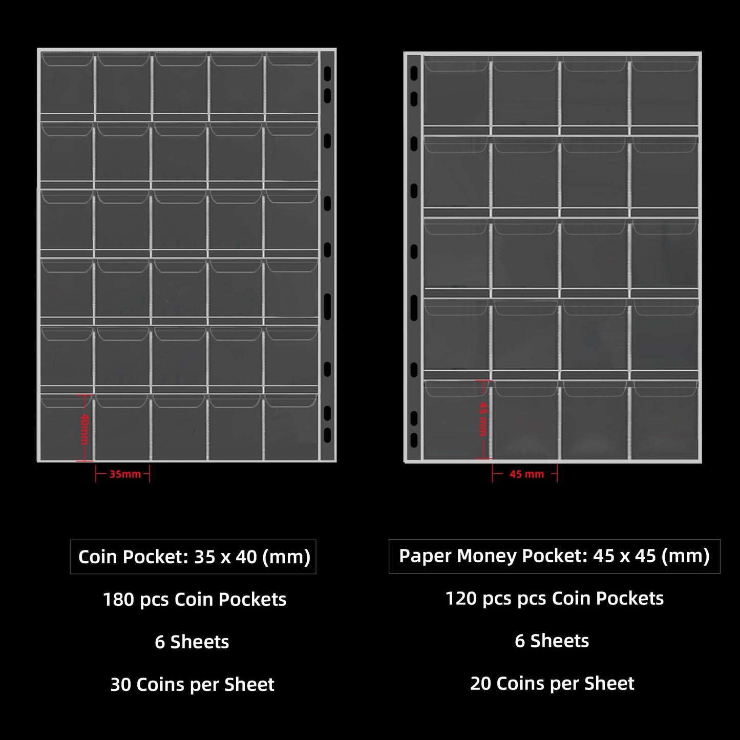 Coin Collection Book Holder for Collectors, 300 Pockets Fireproof Coins Collecting Album & 36 Sleeves Money Storage Case for Coin Currency Collection Supplies, Bill, Pennies, Quarters, Stamp
