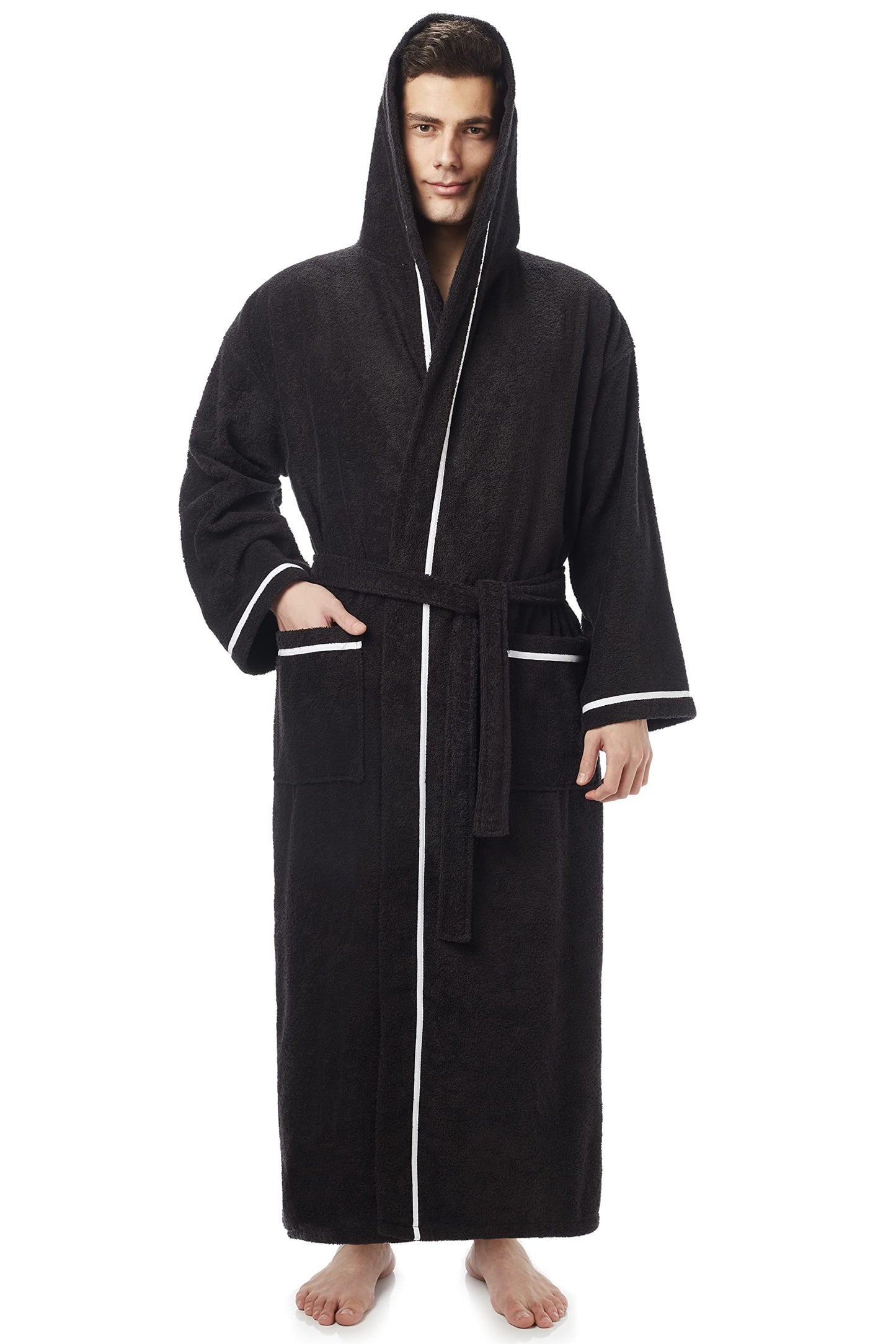 Arus Men's Hooded Classic Bathrobe Turkish Cotton Robe with Full Length Options, Black With White Border, XX-Large Extra Tall