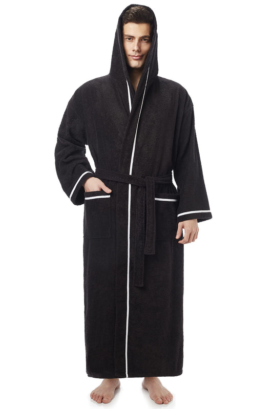 Arus Men's Hooded Classic Bathrobe Turkish Cotton Robe with Full Length Options, Black With White Border, XX-Large Extra Tall