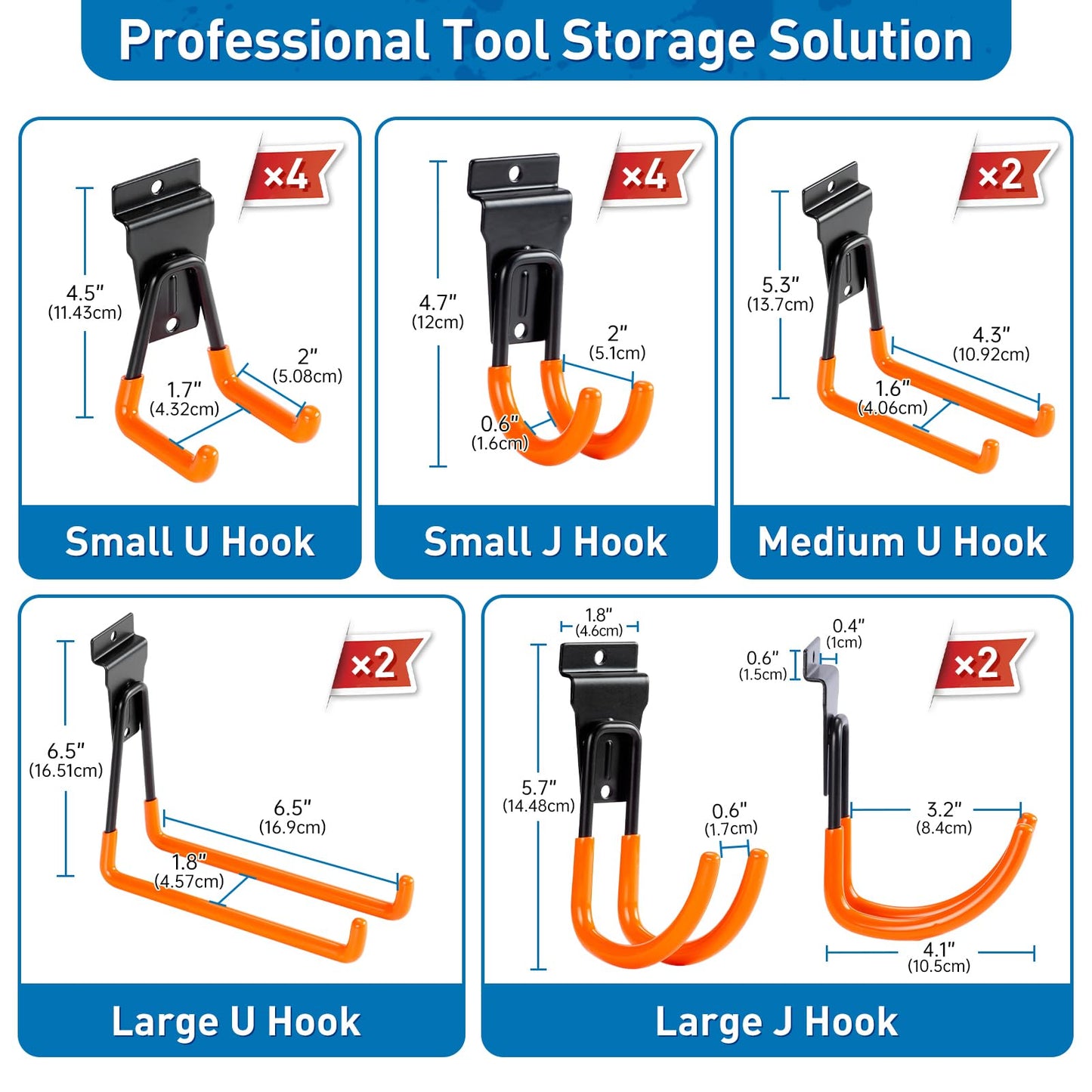 Multi-Size Slatwall Hooks 14 Pack, Wall-Mount Garage Slatwall Accessories, Heavy Duty Utility Slatwall Hooks for Garden, Garage, Workshop (Orange)