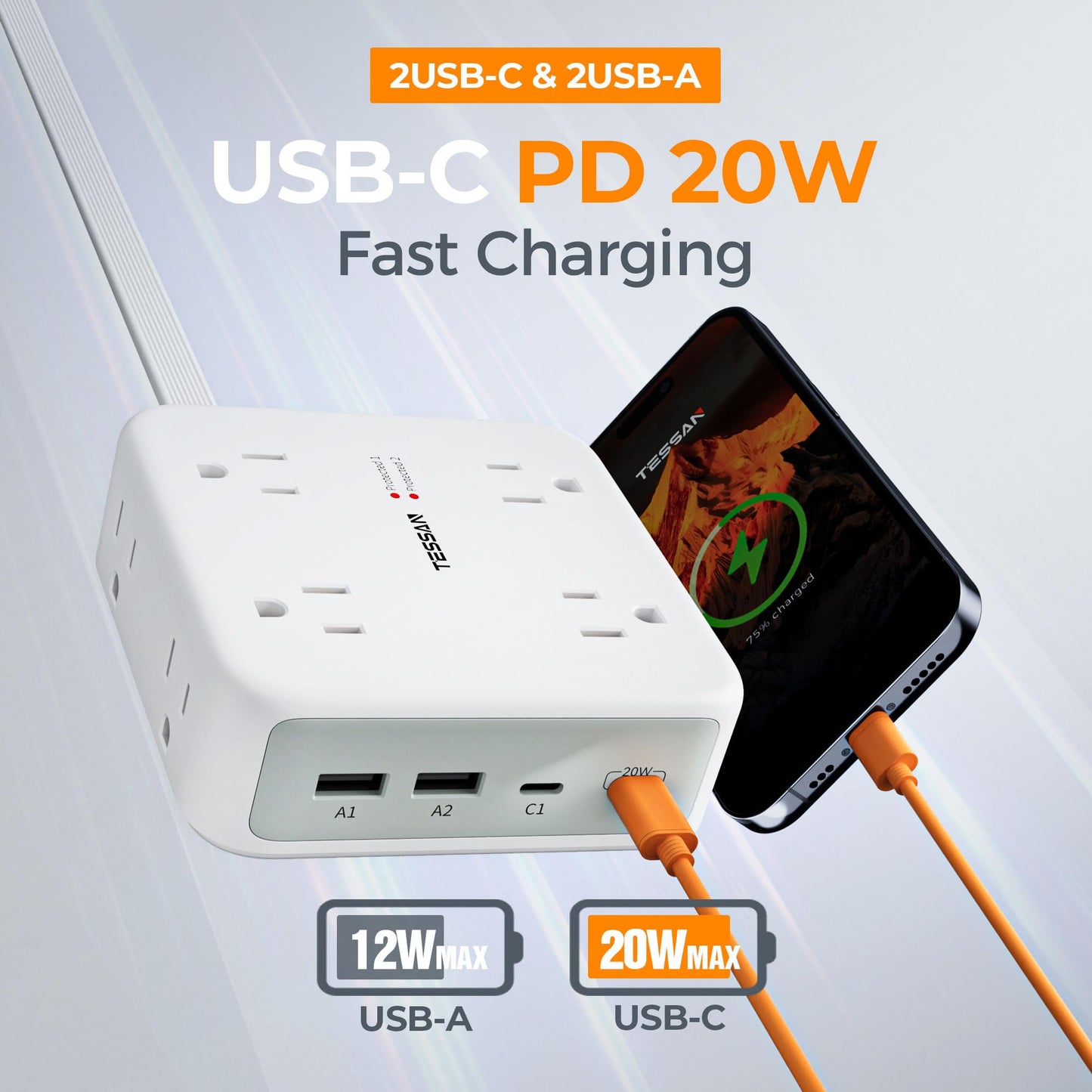 5ft Flat Plug Extension Cord Indoor, TESSAN Surge Protector Power Bar with 4 USB (2 USB C), Power Strip with 8 Multi Plug Outlets, Charging Station Wall Mount for Dorm Room Home Office
