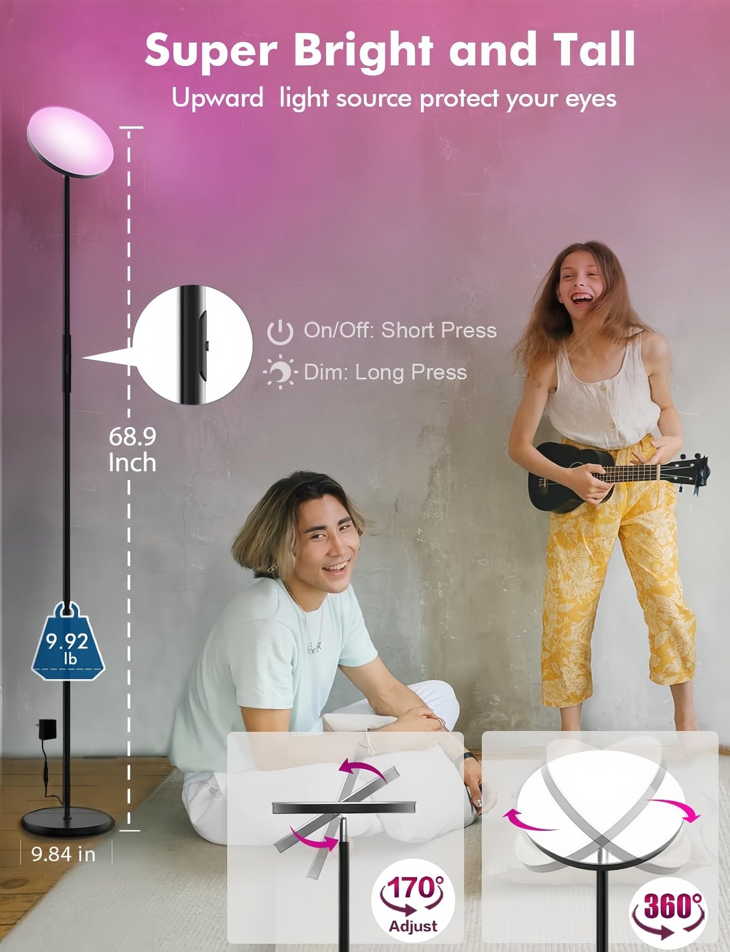 Nowepai Smart RGB Floor Lamp with APP & Remote, 67" Modern Standing Light with Stepless Dimmable Brightness, 36W 3600LM Super Bright LED for Living Room, Bedroom, Office Corner Lighting
