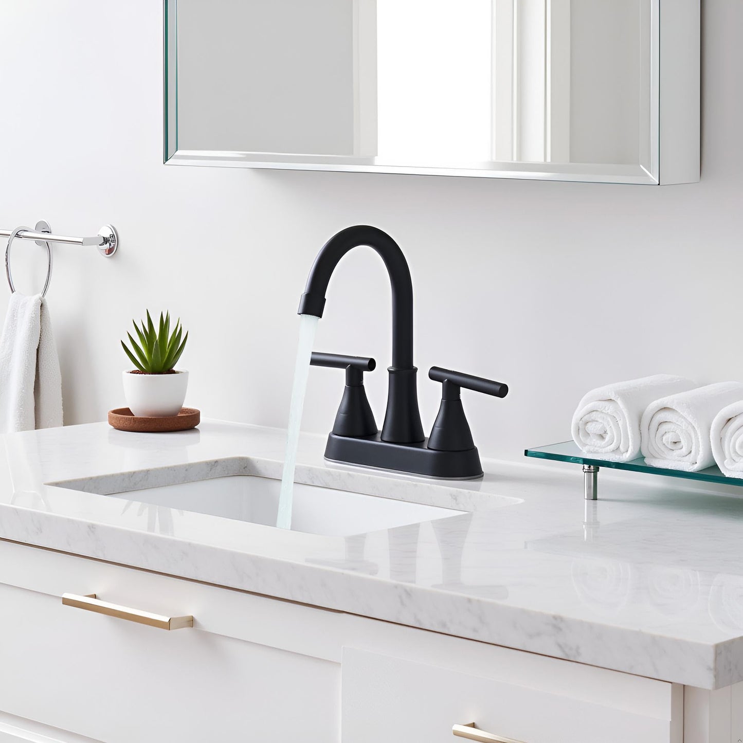 Alenart Matte Black Bathroom Sink Faucet Two Handle Stainless Steel Bathroom Sink Faucet with Pop-up Drain and Supply Hoses, 4 inch Bathroom Faucet for RV Bathroom Vanity washroom Faucet