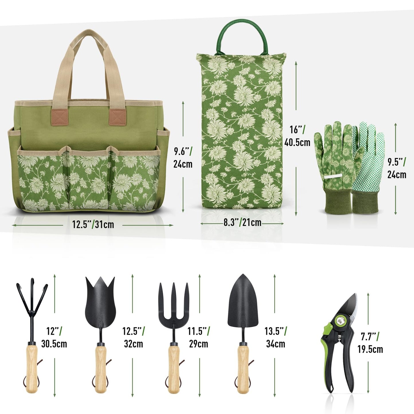 Colwelt Garden Tools Set, 8 Piece, Heavy Duty Gardening Tools with Wooden Handle, Including Garden Tote, Kneeling Pad, Gloves, Pruner, Trowel, Tulip Trowel, Cultivator - Gardening Gifts for Women Men