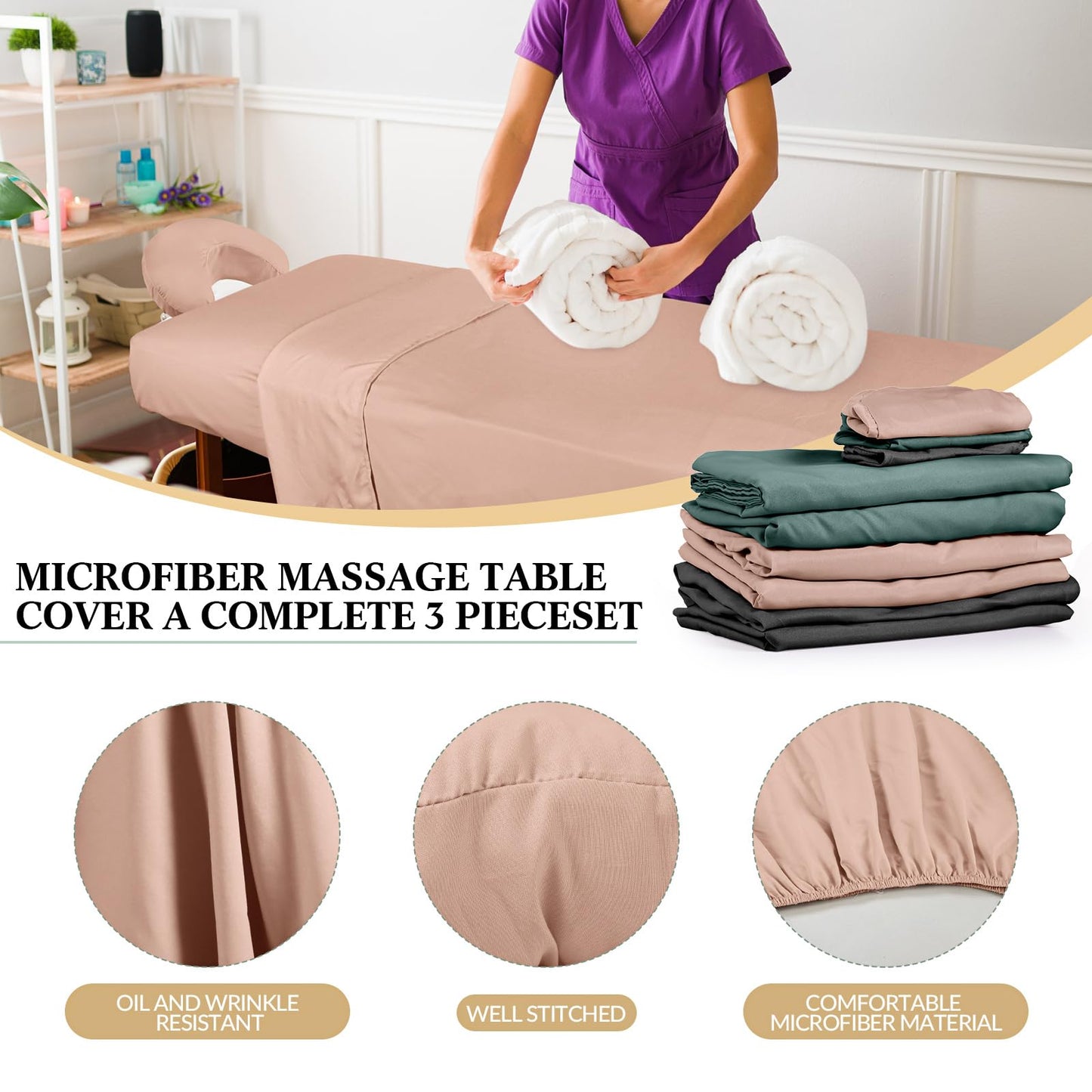 Kinlop 3 Sets Microfiber Massage Table Sheet Set 3 Colors 3 Piece Set Includes Massage Flat Sheet Fitted Sheet and Massage Face Rest Cover Stain Wrinkle-Resistant(Pink, Gray, Green)