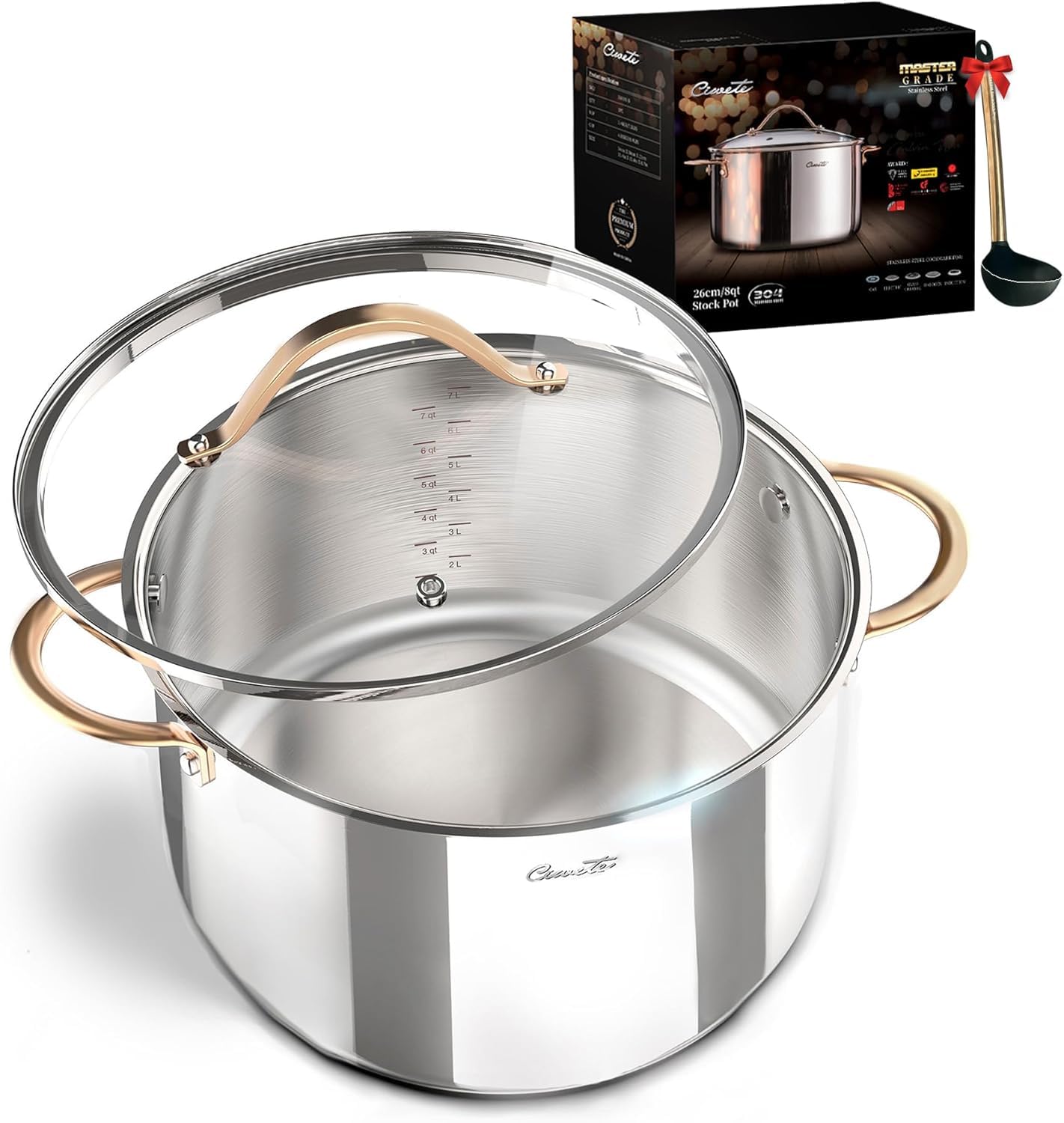 Ciwete 8 Quart Stock Pot, 3 Ply Stainless Steel Cooking Stock Pot with Lid, 8 QT Soup Pot with Copper Handle, Healthy Stockpots, Induction, Oven, Gas and Dishwasher Safe