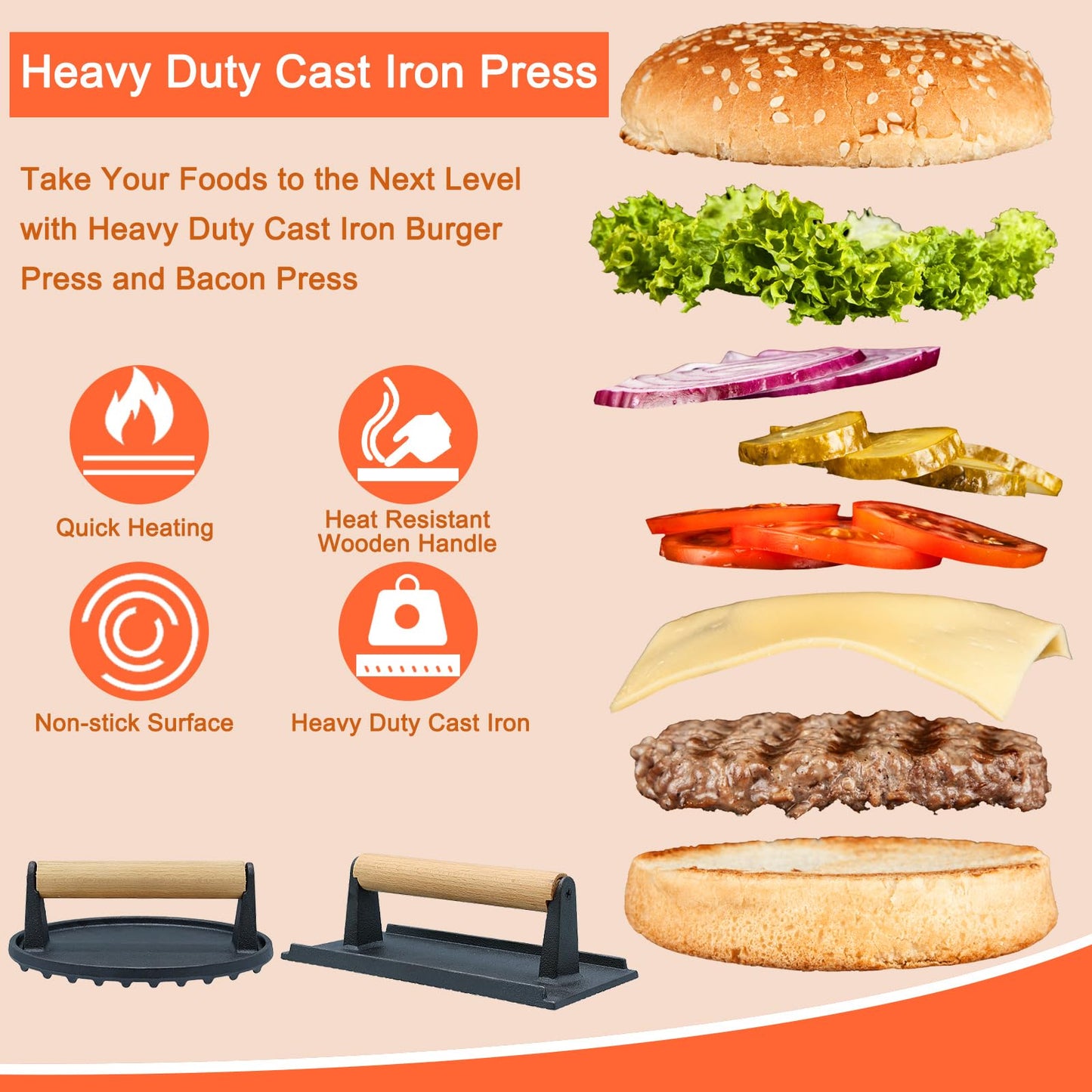 Smash Burger Press, Heavy-Duty Cast Iron Meat Press Hamburger Press with Heat Resistant Wooden Handle Hamburger Patty Maker Grill Bacon Sandwich Press Kit, 7" Round & 8.2"X4.3" Rectangle