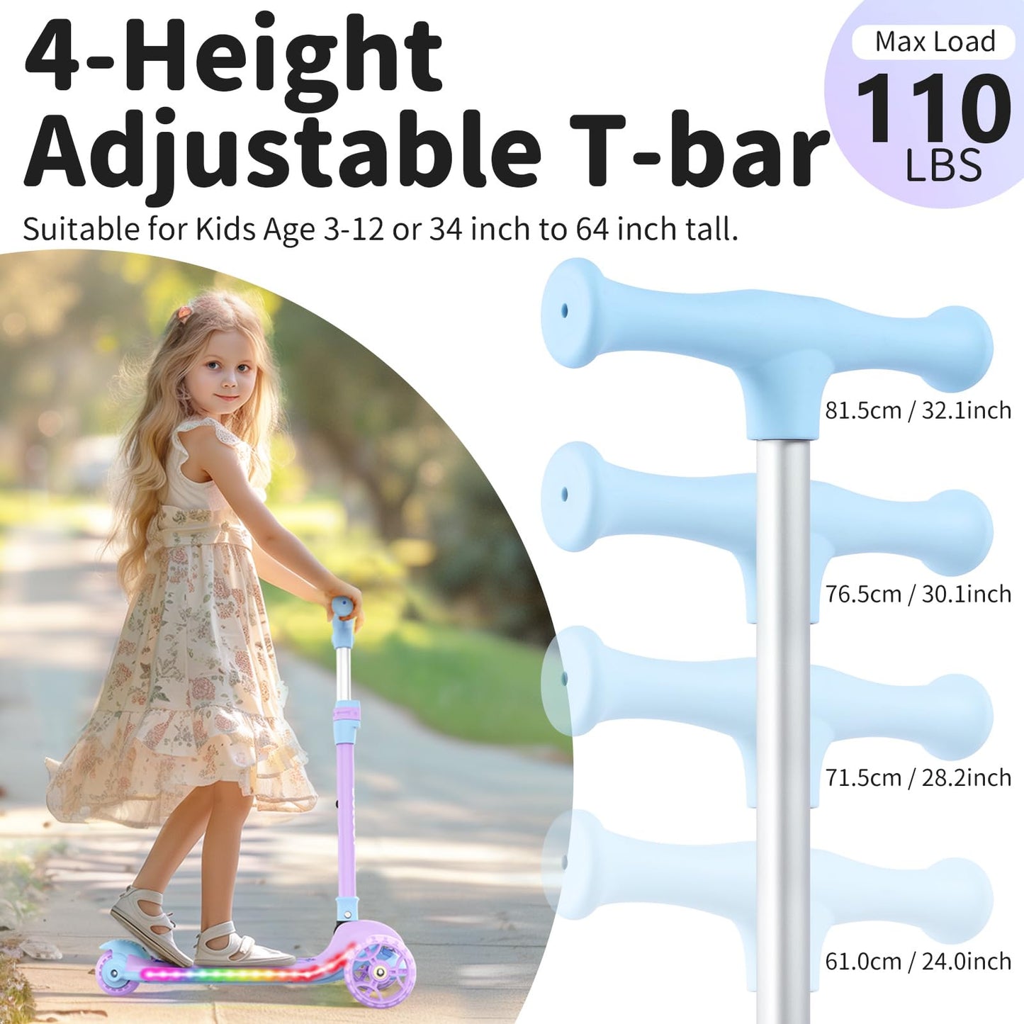 BELEEV A9 Scooter for Kids with Light-Up Deck & Wheels, 3 Wheel Folding Scooter for Toddlers Girls Boys Ages 3-12, 4 Adjustable Height, Extra Wide Deck, Lightweight Kick Scooter for Children