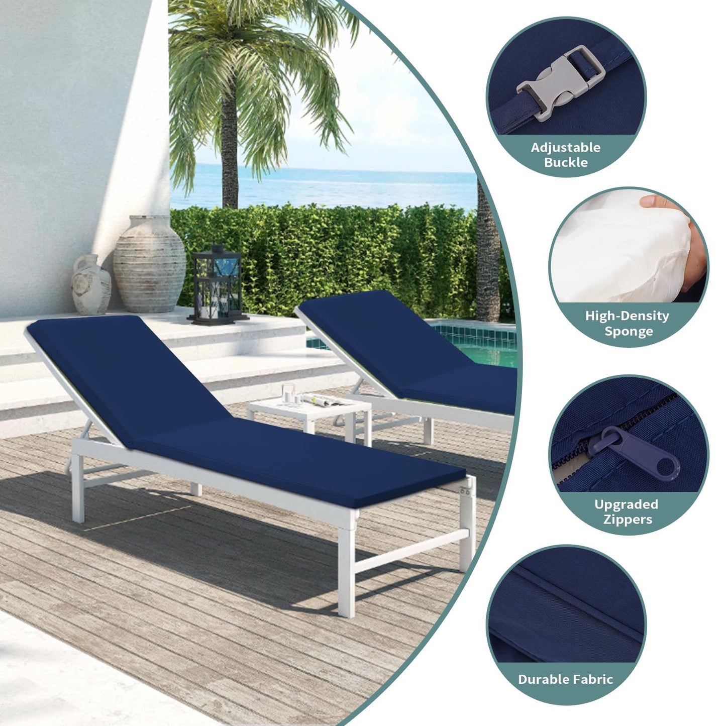 Iheqard Outdoor Chaise Lounge Cushions for Patio, 74"x22"x3" Lounge Chair Cushions Set of 2, Waterproof Replacement Seat Cushions for Outdoor Furniture (Blue, 1 Pcs)