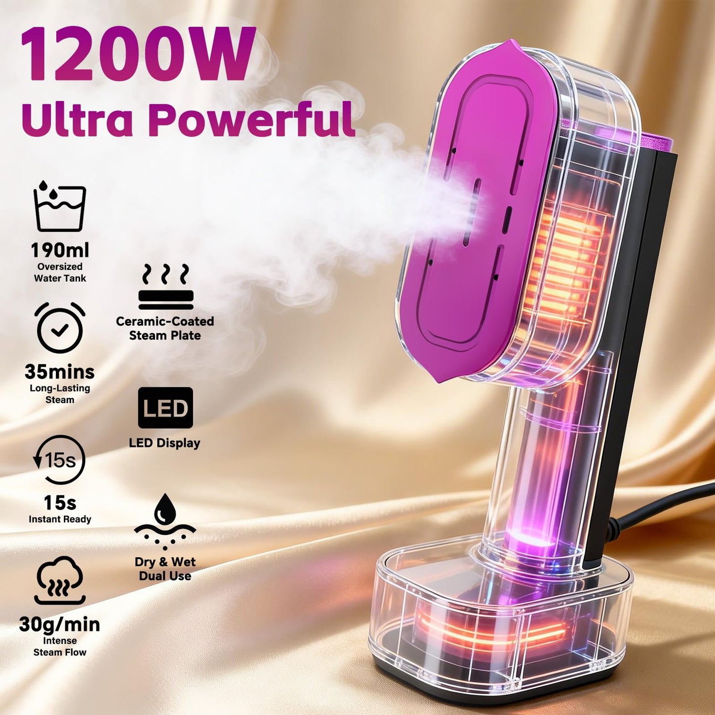 Handheld Garment Steamer, 2-in-1 Steamer & Iron, 1200W Fast Heat, 190ml Detachable Water Tank Portable Travel Steamer with LED Display, 6 Modes, for Home & Travel