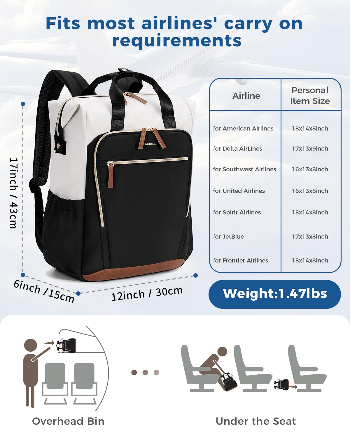 ECOHUB 17" Small Travel Backpack, United Airlines Personal Item Bag 17x10x9 with 13 Pockets, Water Resistant Fit 15.6" Laptop Lightweight Casual Daypack, Black