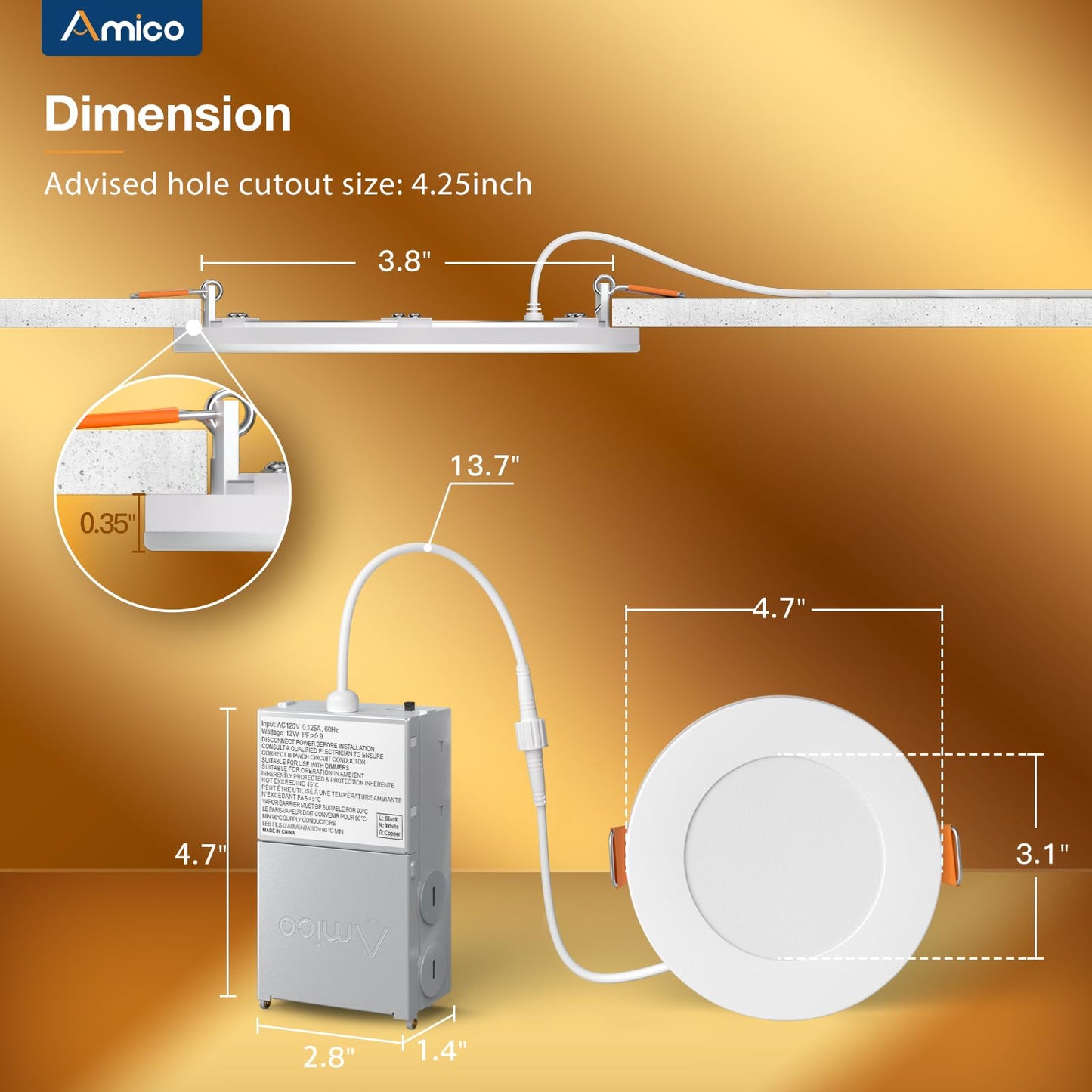 Amico 12 Pack 4 Inch 5CCT Recessed Pot Light with Night Light, 2700K/3000K/3500K/4000K/5000K Selectable, 10W 700LM Dimmable Lumiere Encastre Plafond Led, IC-Rated Light with Junction Box, ETL & FCC