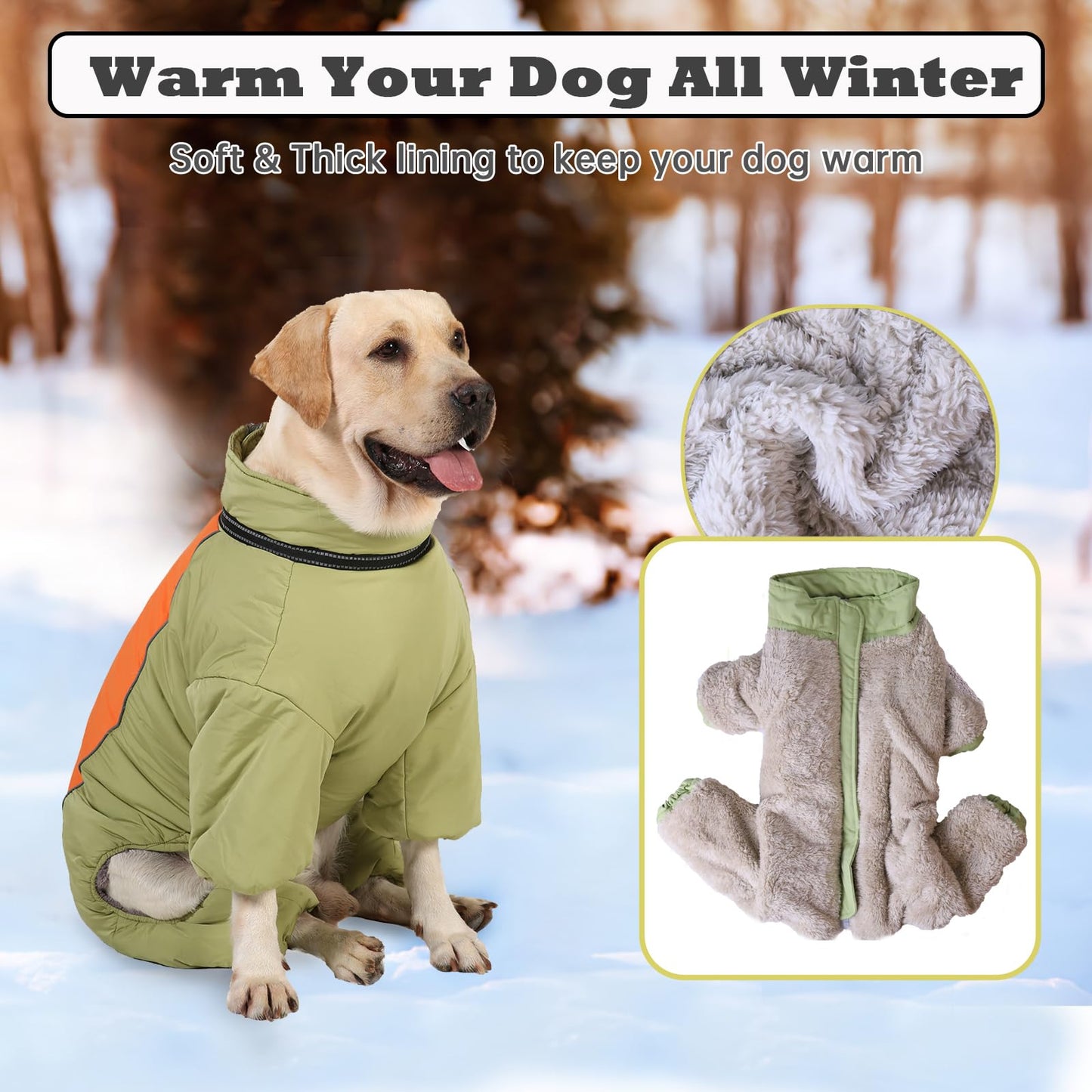 Dogs Thick Toasty Warm Coat, Zip Up Windproof Winter Snowsuit with Harness, Reflective Fleece Lined Dog Jacket for Medium Large Dogs, LightGreen,30