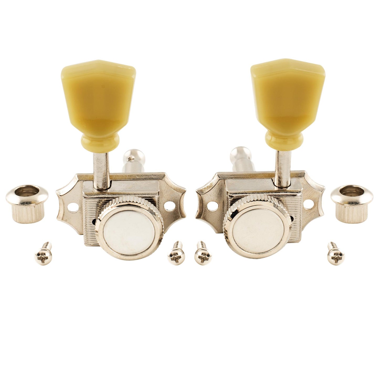 Musiclily Pro 3L+3R Vintage Guitar Locking Tuners Guitar Tuning Pegs Keys Machine Heads Set Replacement for Les Paul LP SG Style Electric or Folk Acoustic Guitar, Nickel with Cream Keystone Button